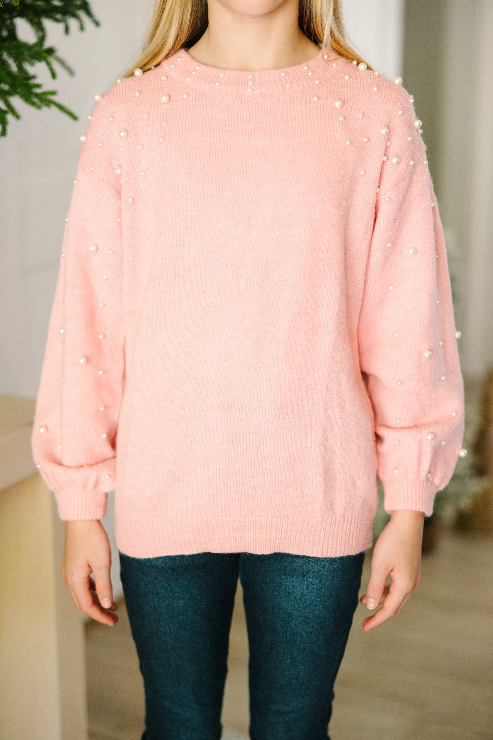 Blush Pink Pearl Studded Sweater for Girls