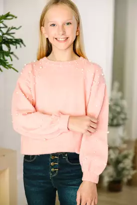 Blush Pink Pearl Studded Sweater for Girls