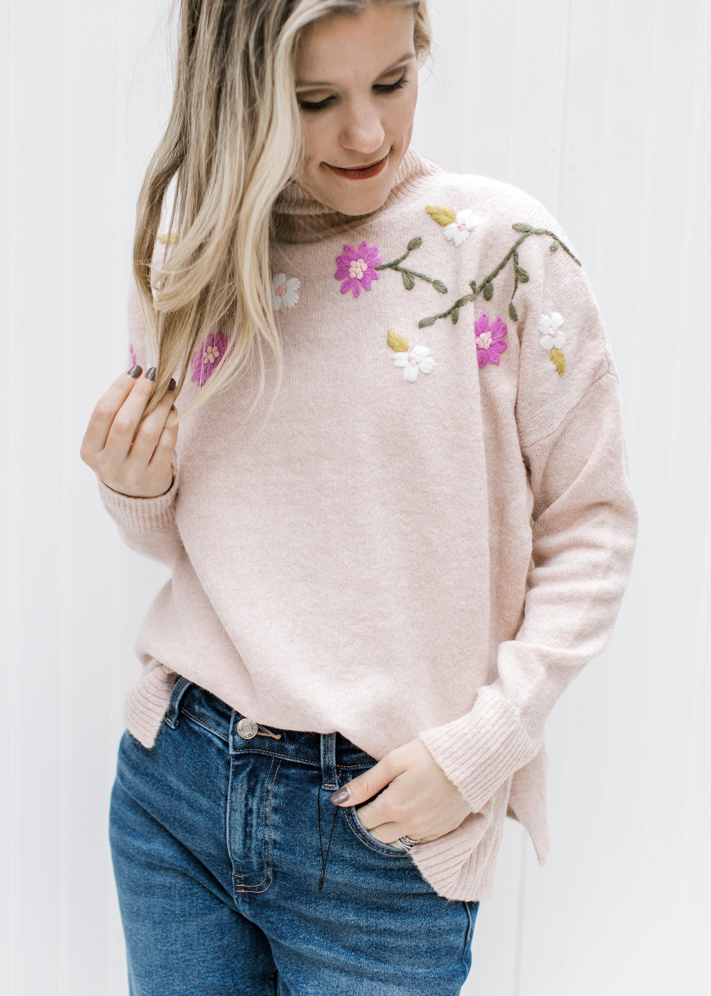 Blush Sweater with Floral Pattern