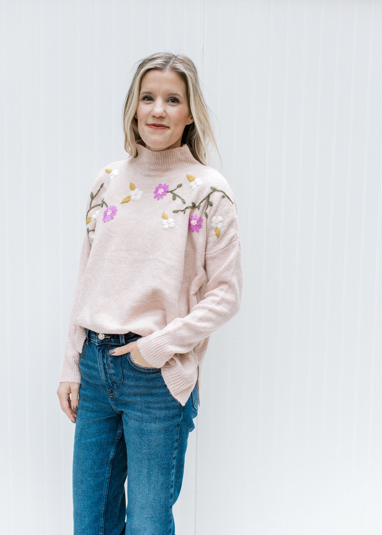 Blush Sweater with Floral Pattern