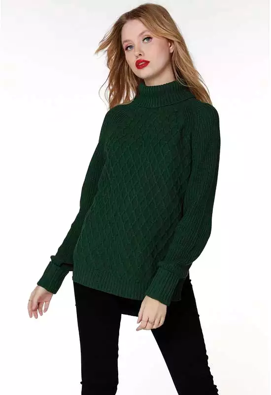 Bobi - Hunter Green Raglan Turtleneck Sweater