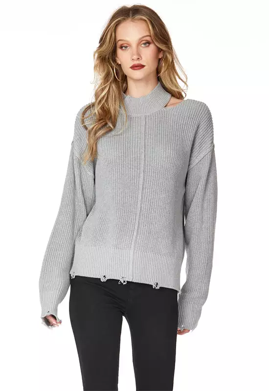 Bobi Shoulder Cut-Out Turtleneck Sweater Heather Grey