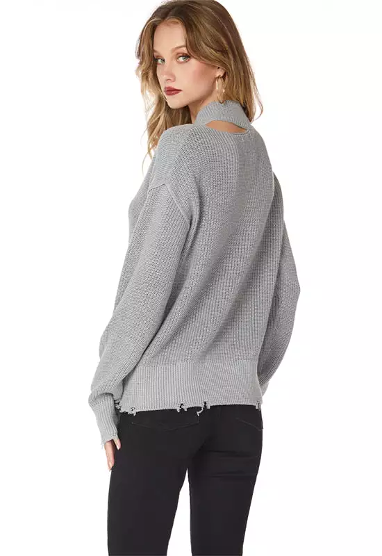 Bobi Shoulder Cut-Out Turtleneck Sweater Heather Grey