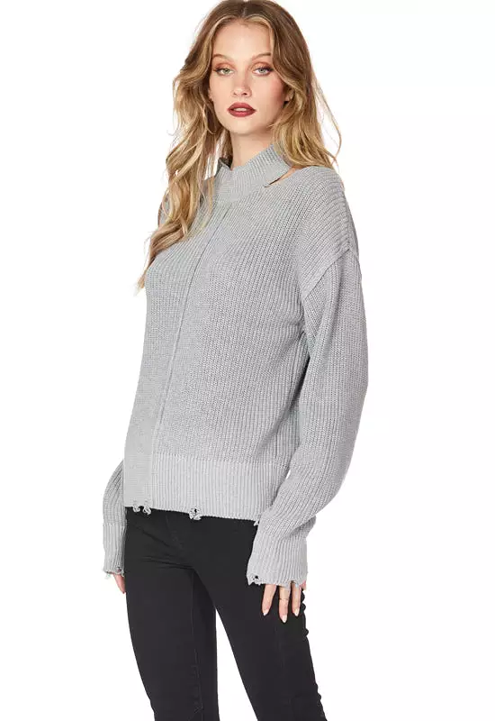 Bobi Shoulder Cut-Out Turtleneck Sweater Heather Grey