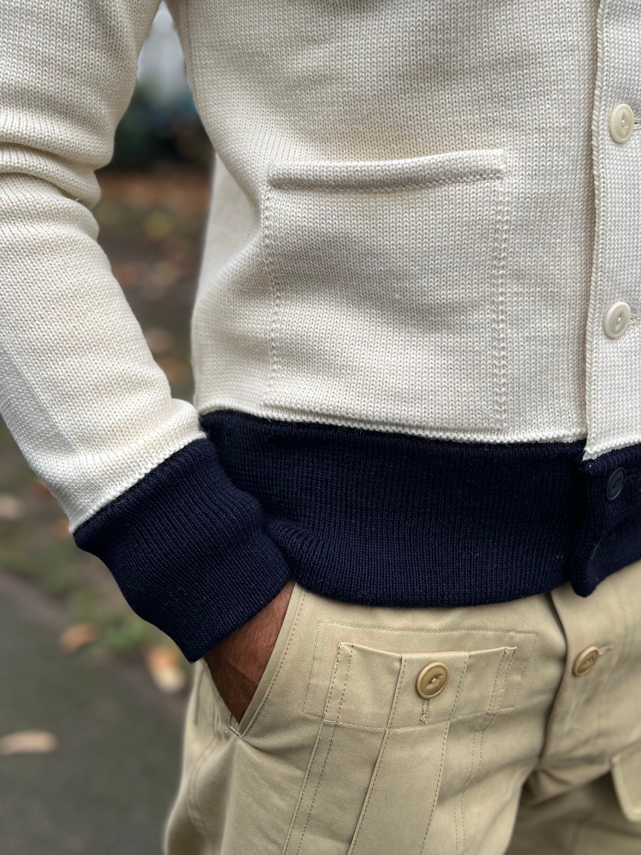 Brig 2 Cardigan - Ecru/Navy Trim