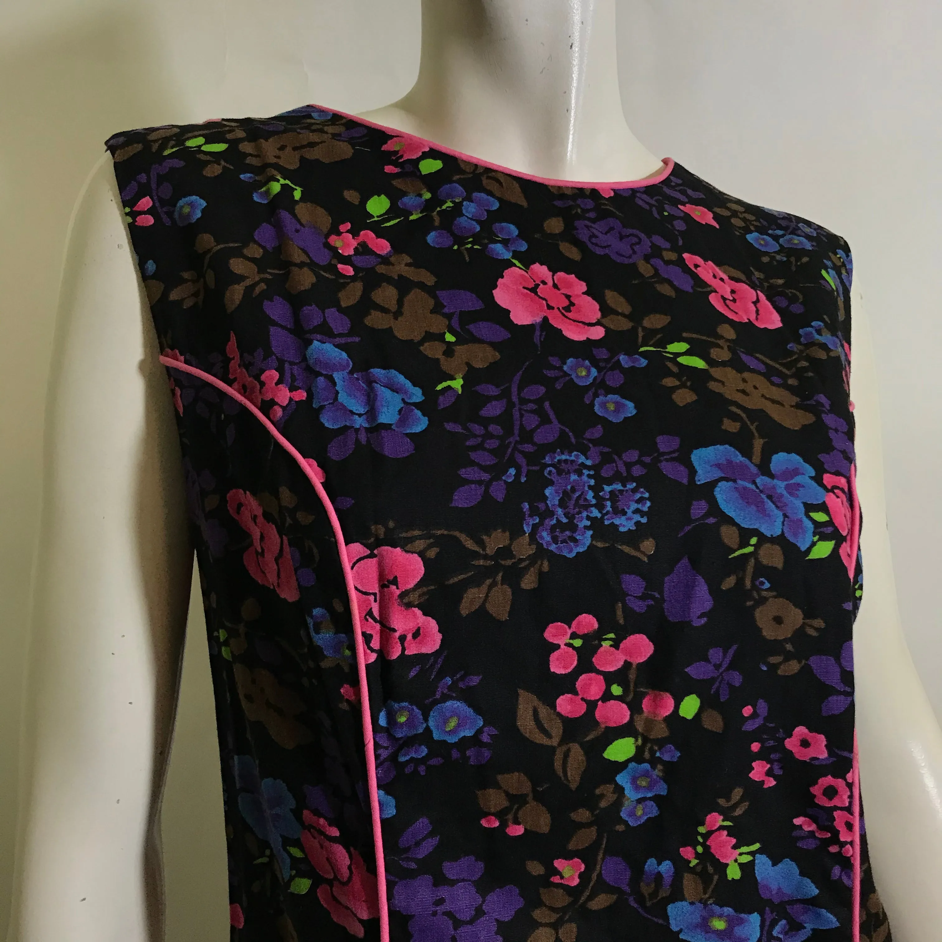 Vintage Blue Pink Floral Shift Dress with Back Cut Outs from the 1960s