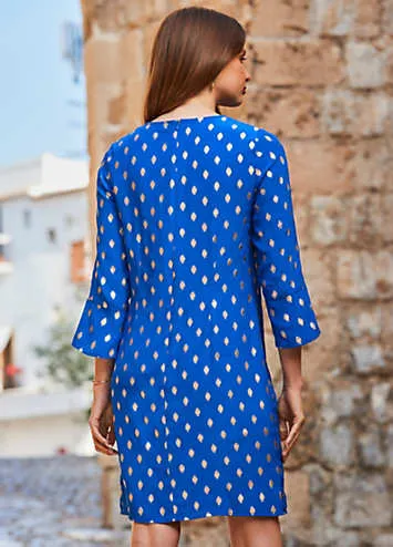 Chic Blue Metallic Spot Keyhole Shift Dress by Sosandar | Look Again