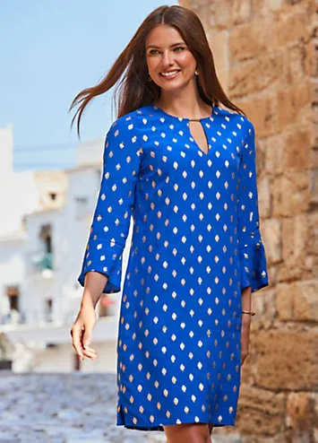 Chic Blue Metallic Spot Keyhole Shift Dress by Sosandar | Look Again