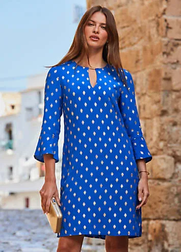 Chic Blue Metallic Spot Keyhole Shift Dress by Sosandar | Look Again