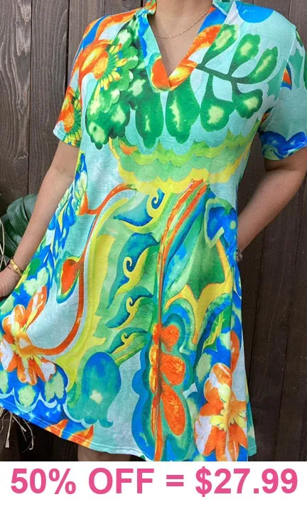 Bright printed v-neck dress