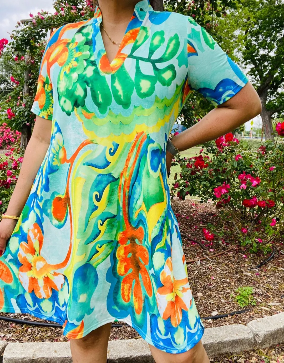 Bright printed v-neck dress