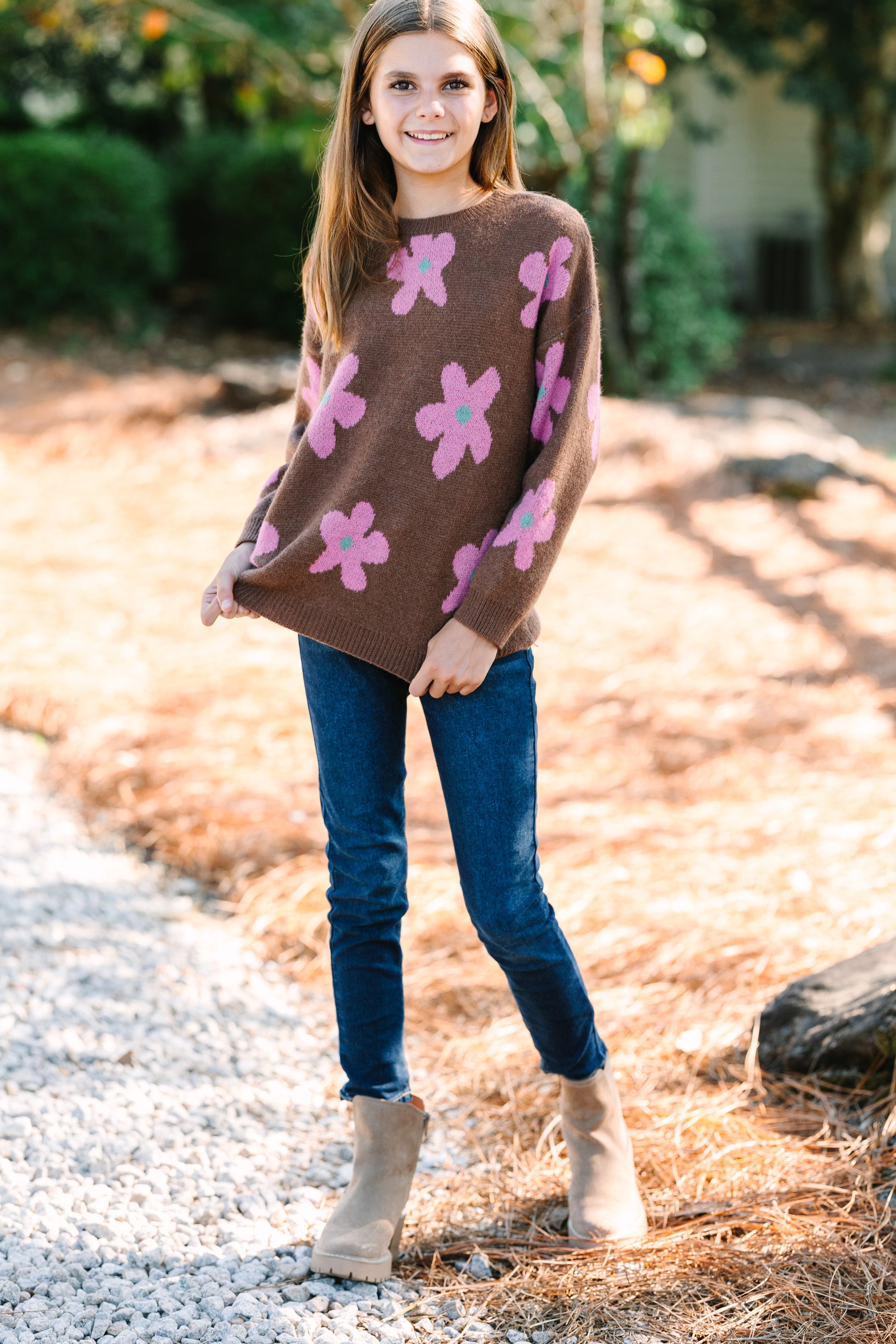 Brown Floral Sweater for Girls - Feel the Fun