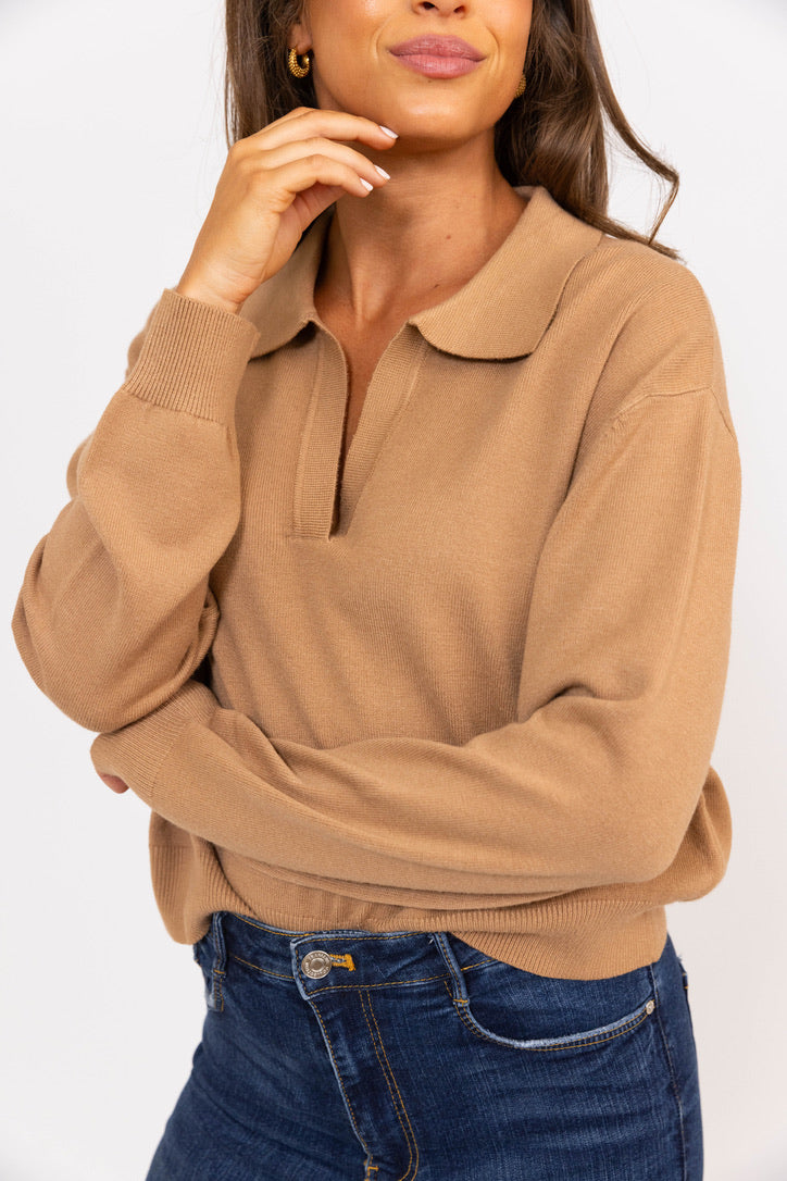 Camel V-Neck Sweater Top - Shop Now!