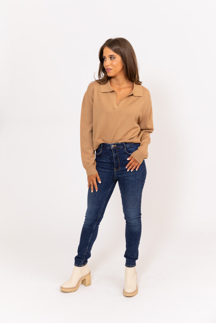 Camel V-Neck Sweater Top - Shop Now!