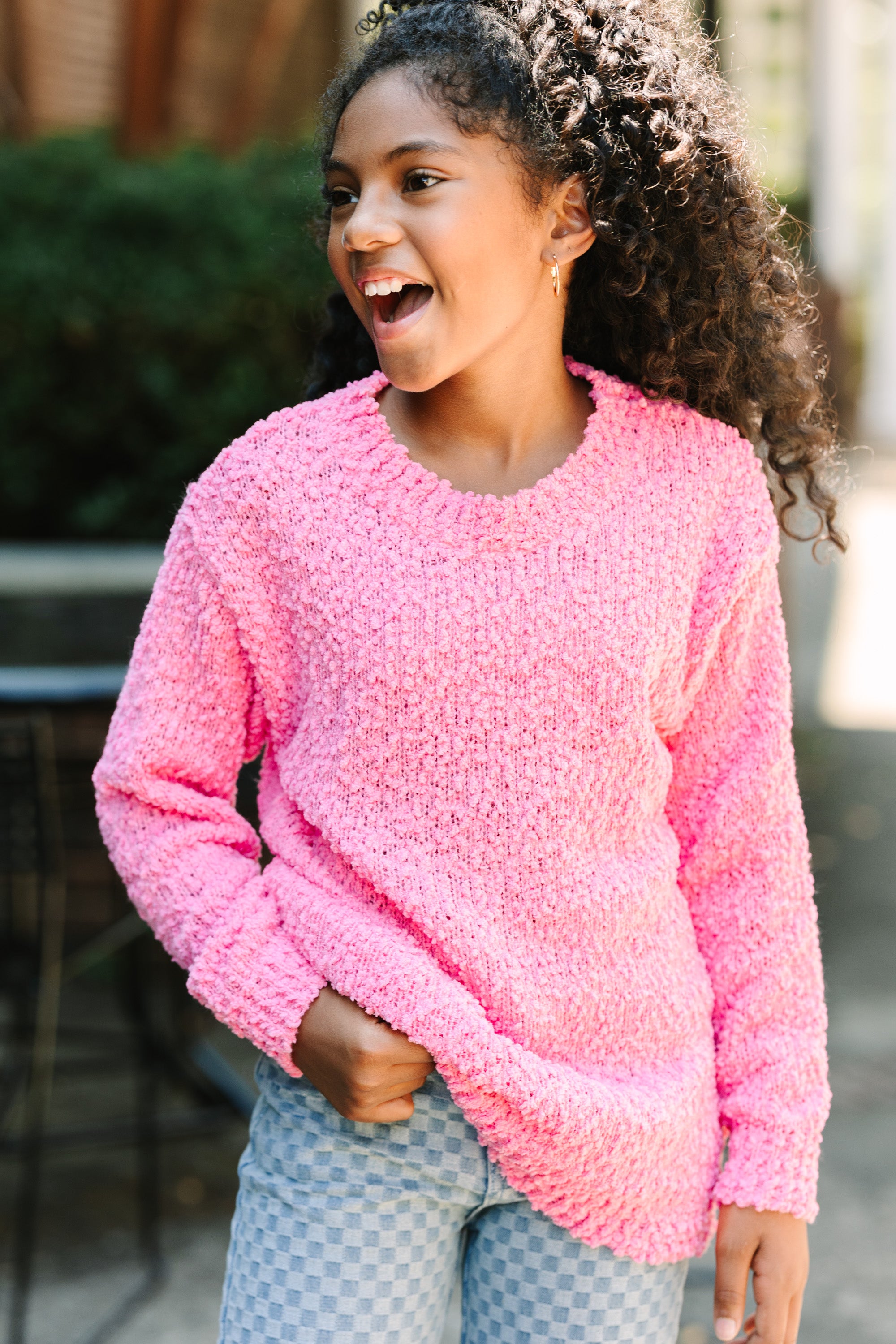 Candy Pink Popcorn Knit Pullover Sweater for Girls: Find it here