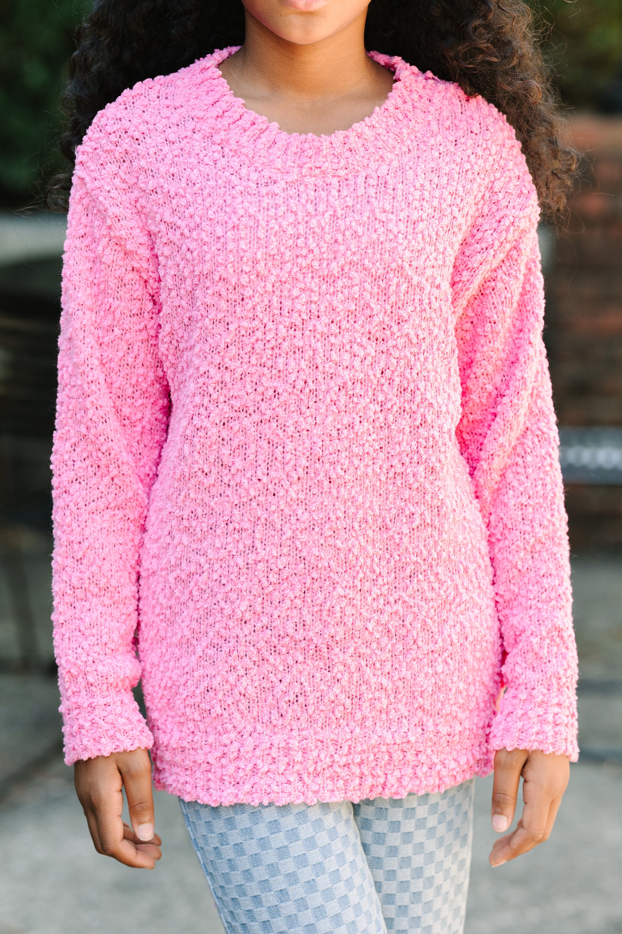 Candy Pink Popcorn Knit Pullover Sweater for Girls: Find it here