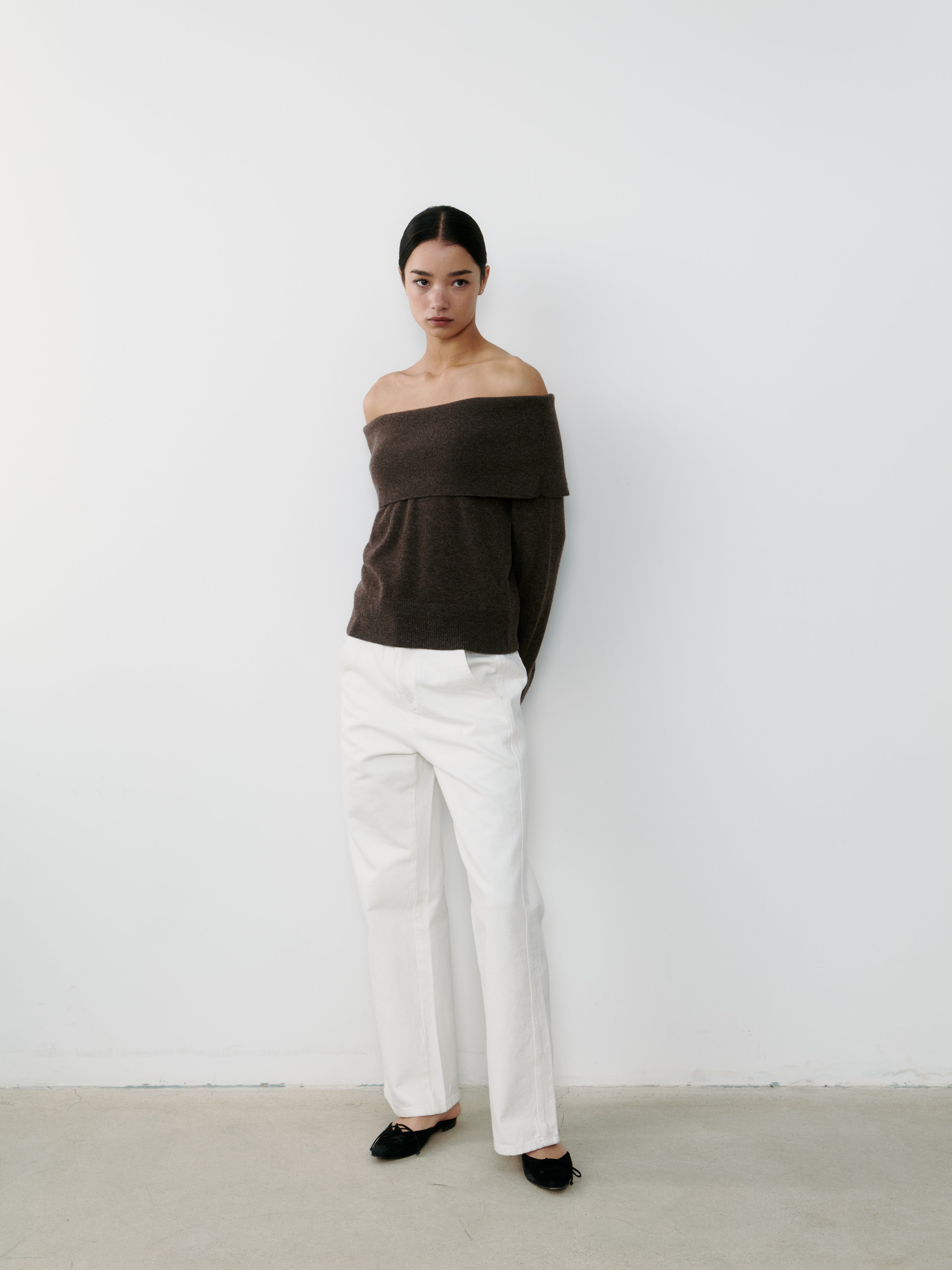 Cashmere off shoulder chestnut brown.