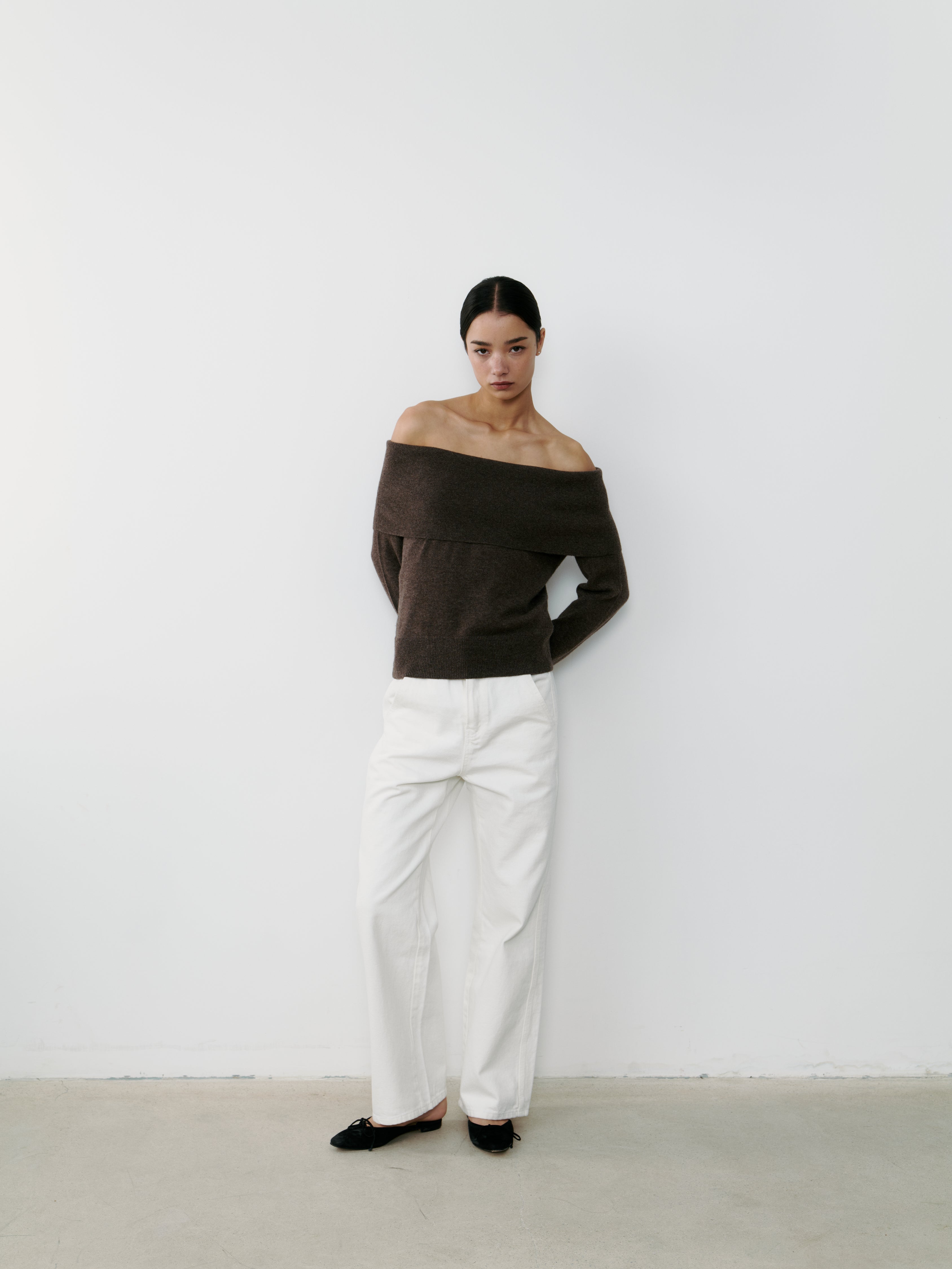 Cashmere off shoulder chestnut brown.