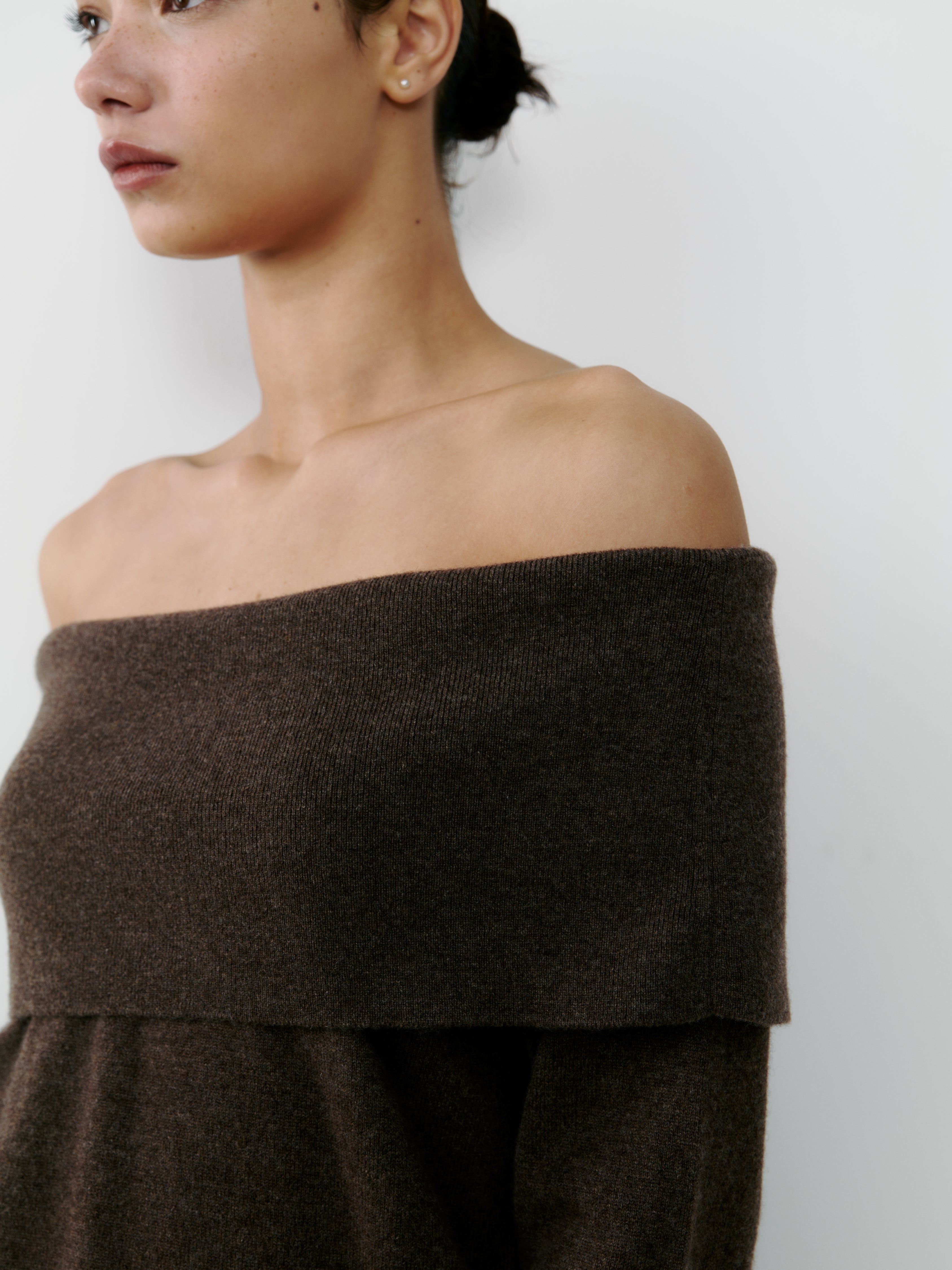 Cashmere off shoulder chestnut brown.