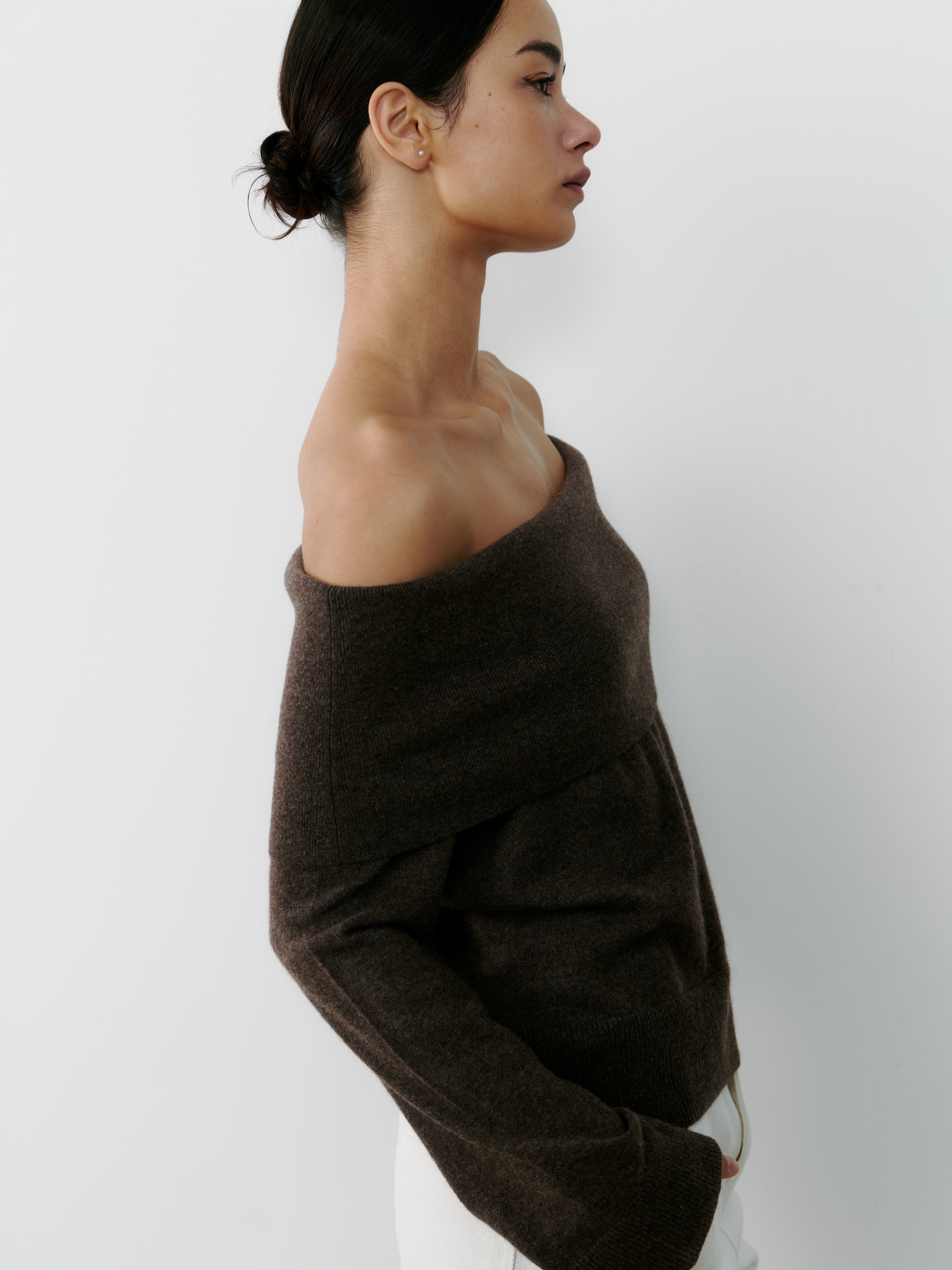 Cashmere off shoulder chestnut brown.