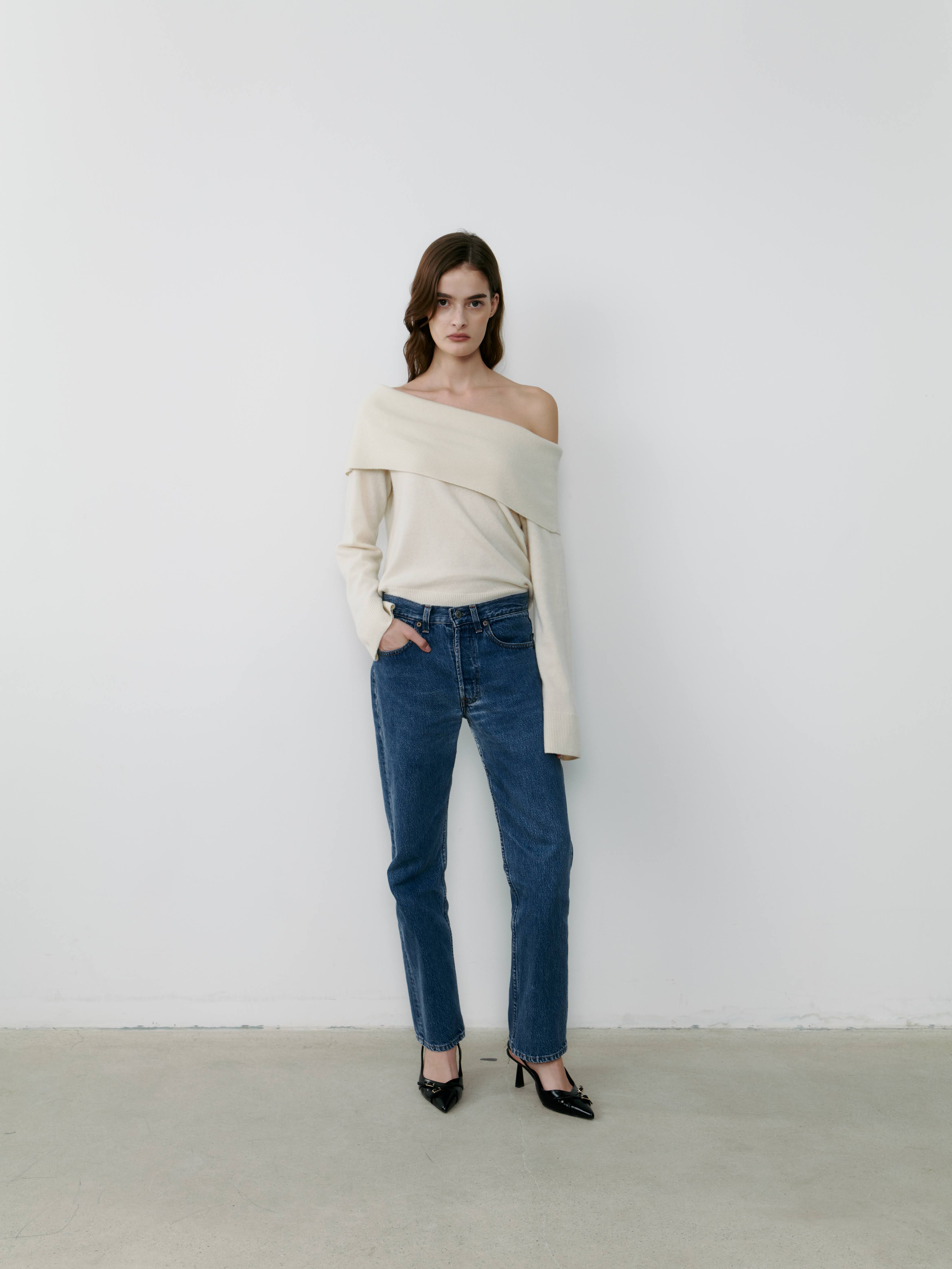 Cashmere Off Shoulder Sweater - Eco White.