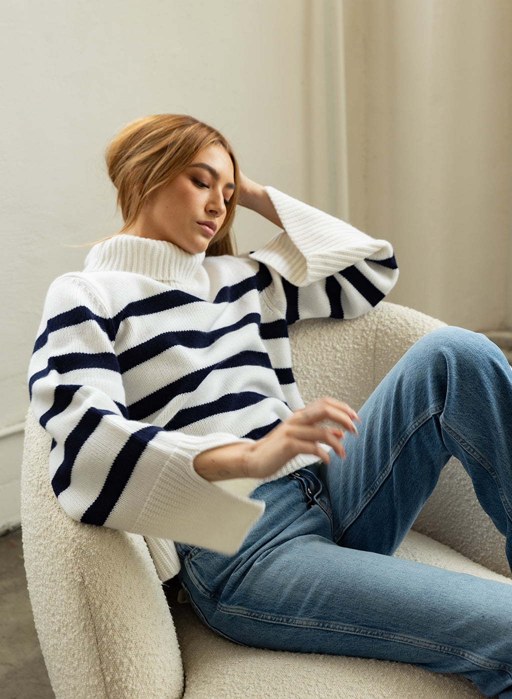 Cashmere Turtleneck Sweater - Navy Stripe