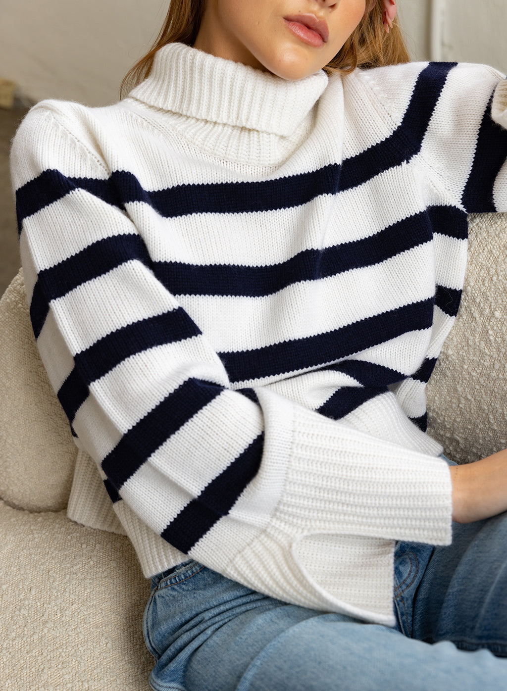 Cashmere Turtleneck Sweater - Navy Stripe