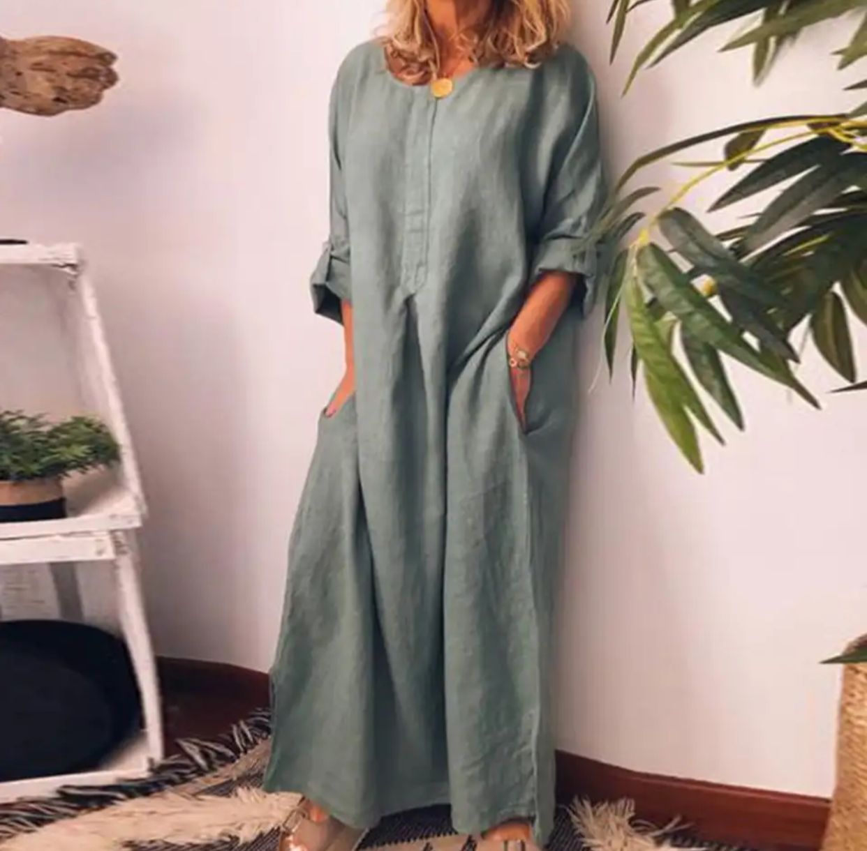 Casual Cotton Linen Long Dress Oversized Long Sleeve 2XL - B-79710