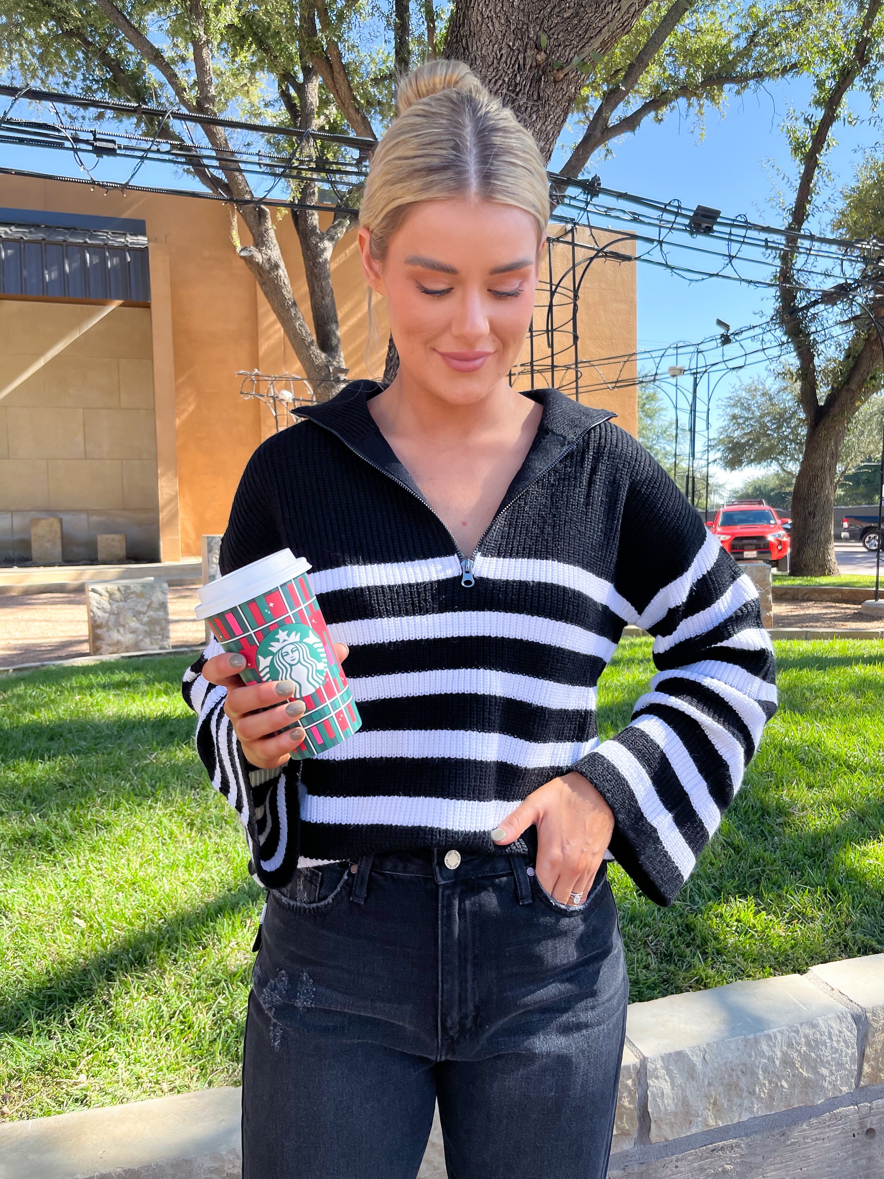 Coastal Half Zip Striped Sweater Black White