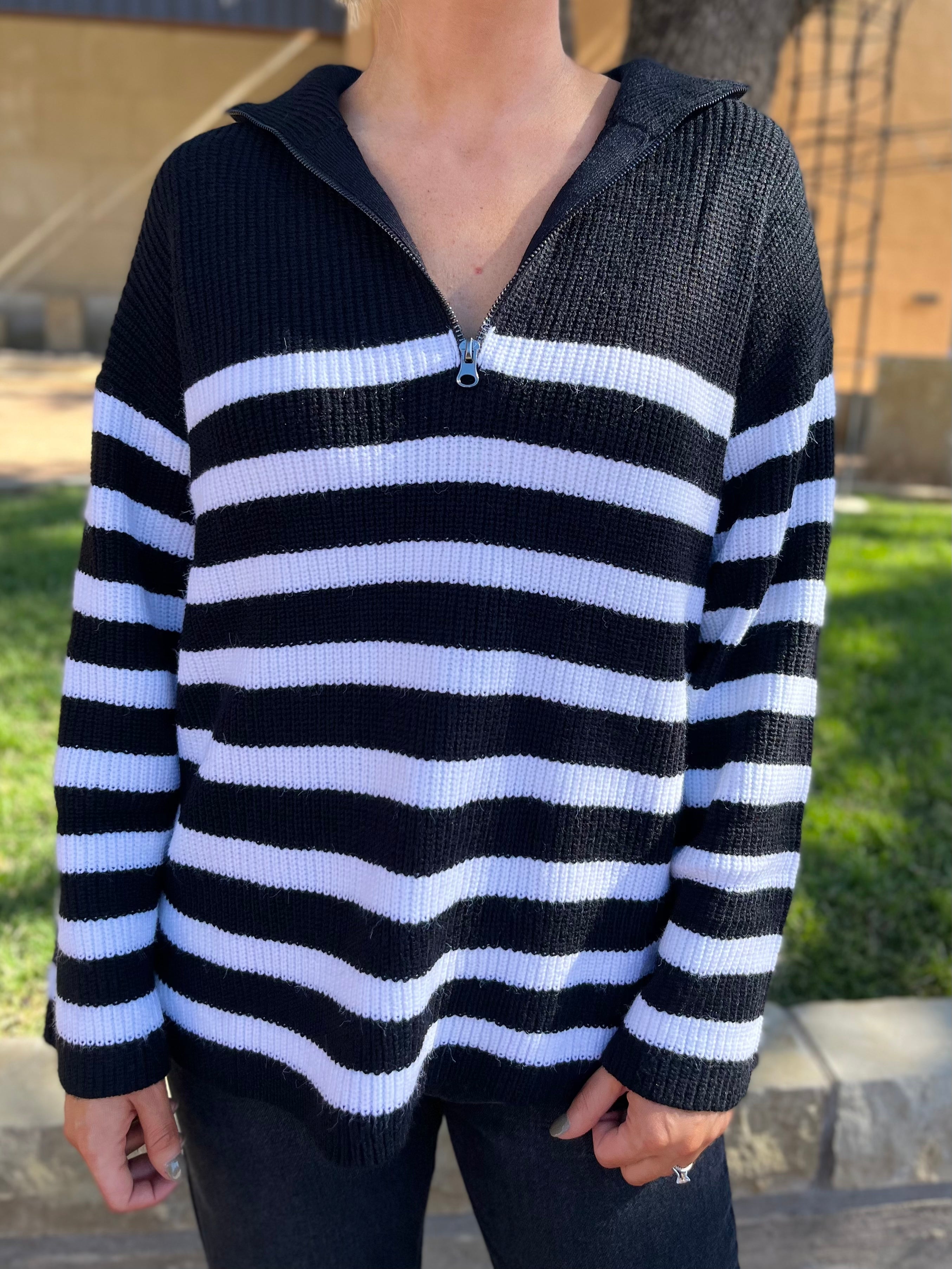 Coastal Half Zip Striped Sweater Black White