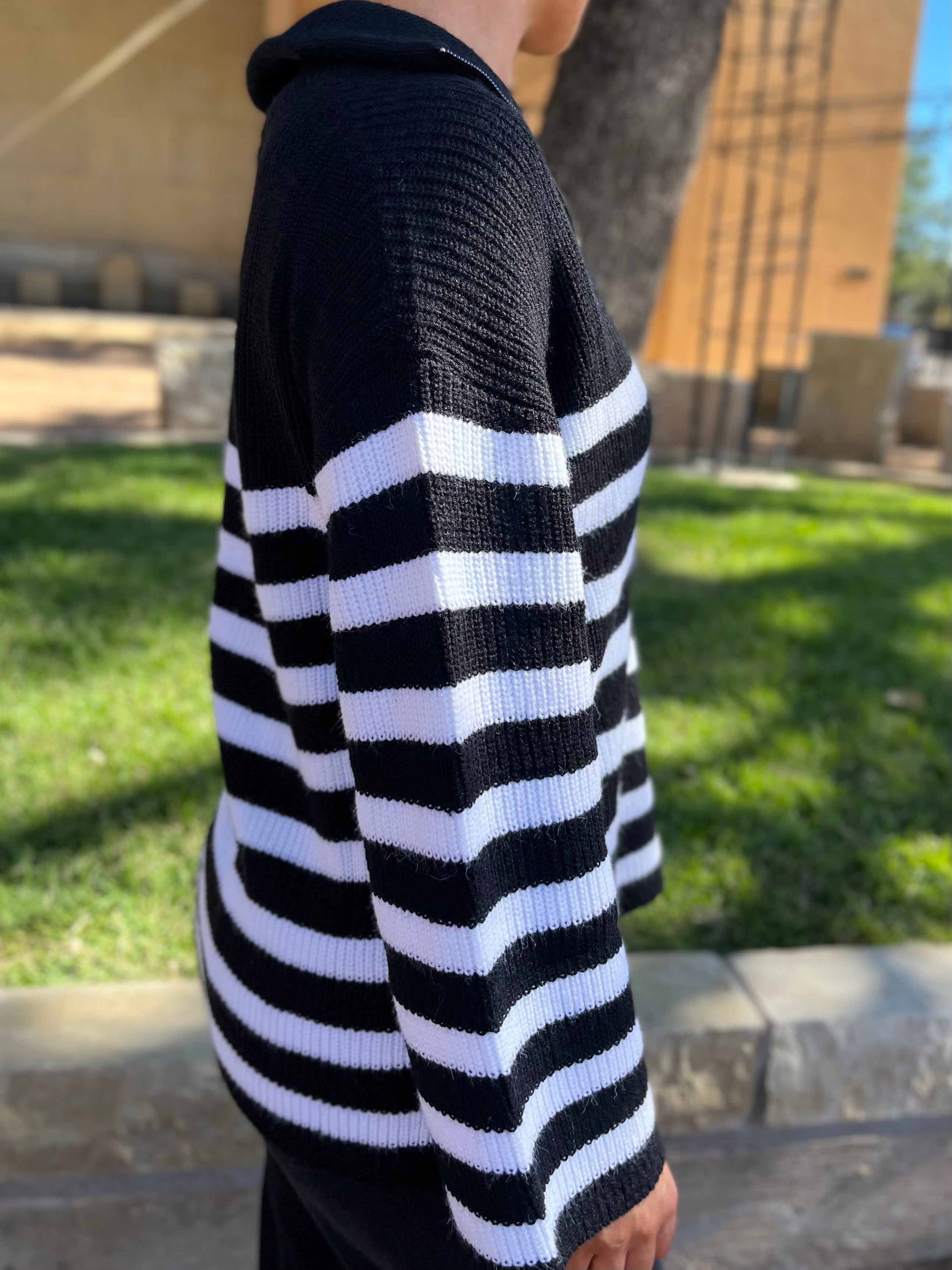 Coastal Half Zip Striped Sweater Black White