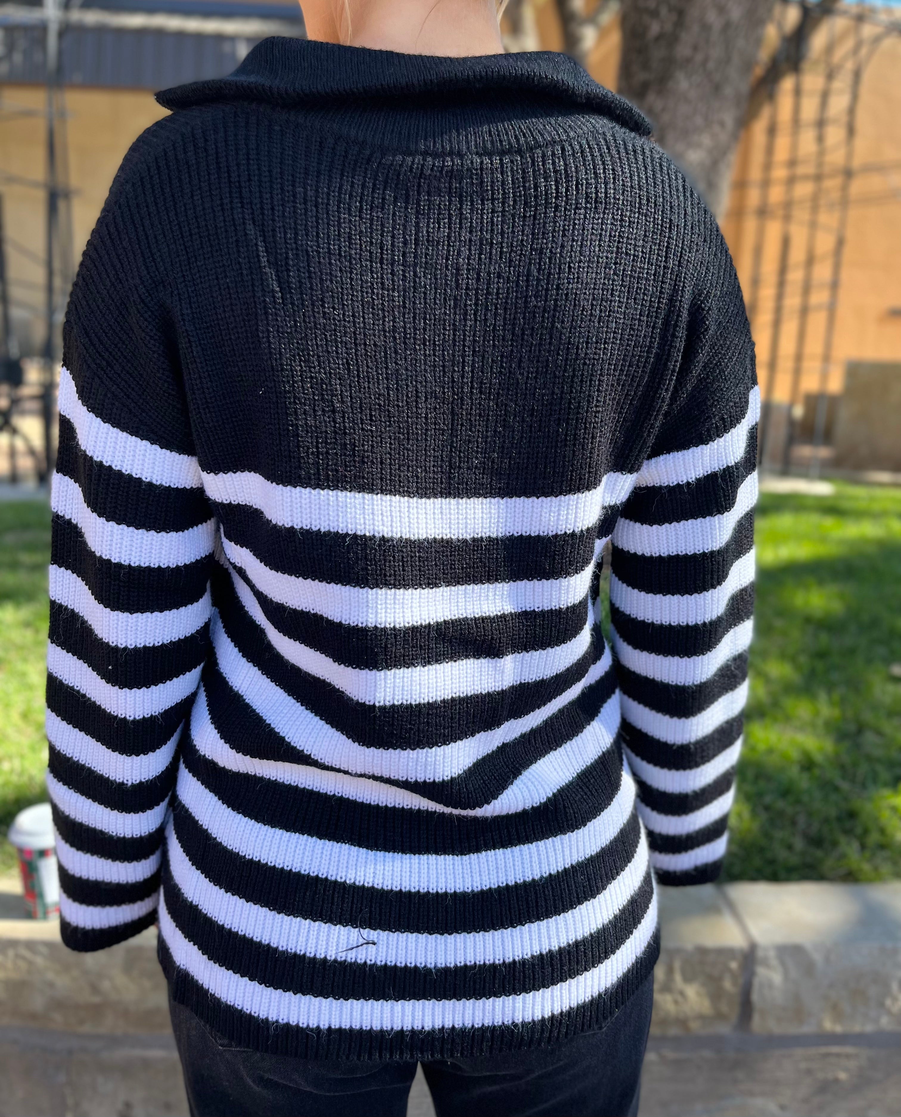 Coastal Half Zip Striped Sweater Black White