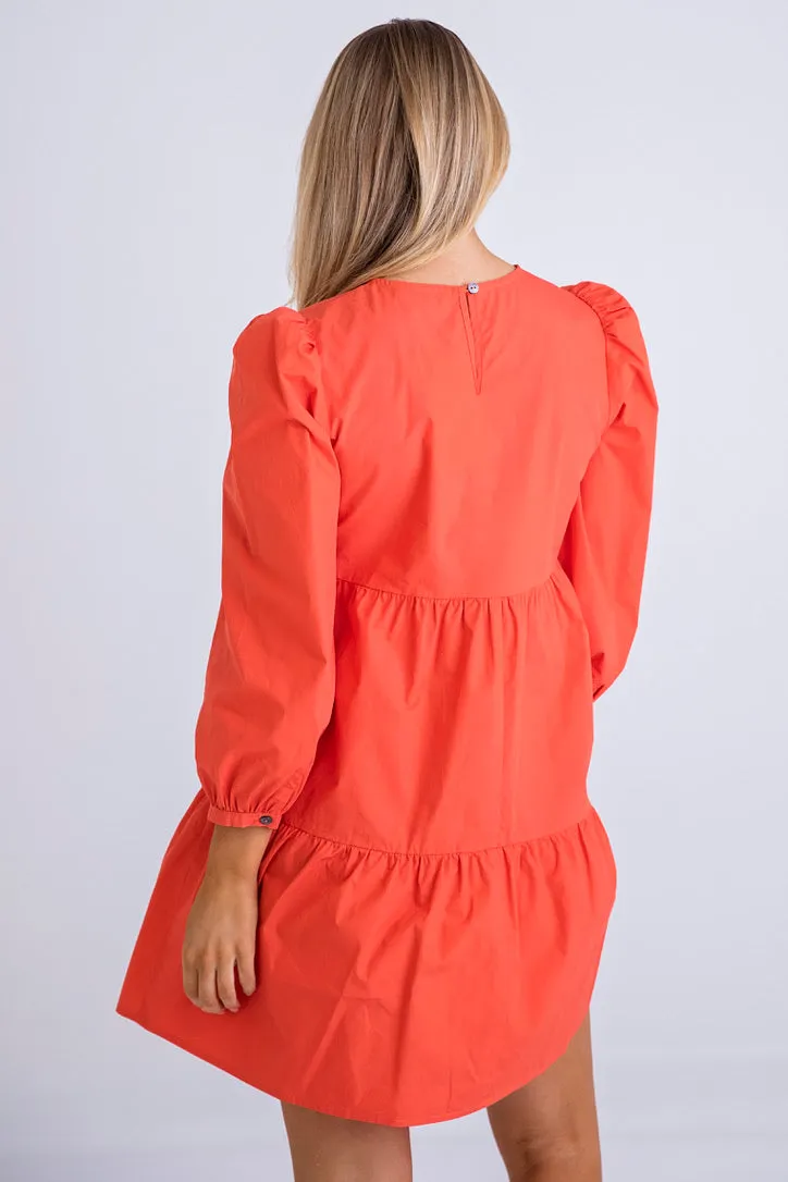 Coral Long Sleeve Poplin Dress