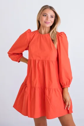 Coral Long Sleeve Poplin Dress