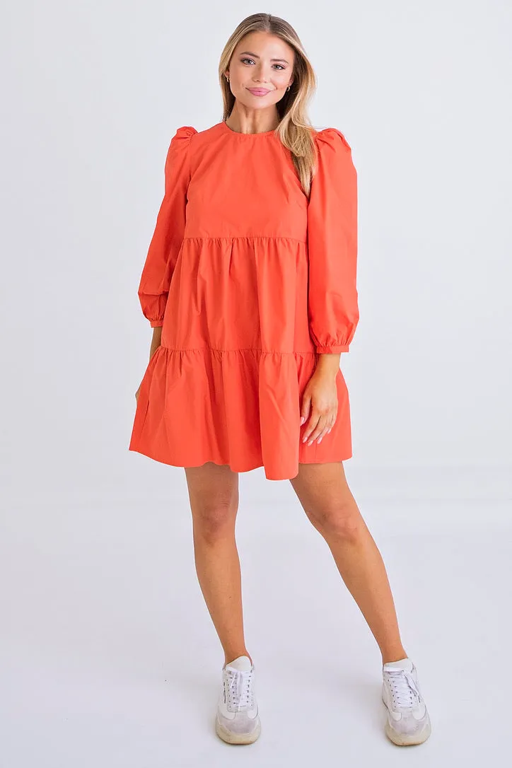 Coral Long Sleeve Poplin Dress