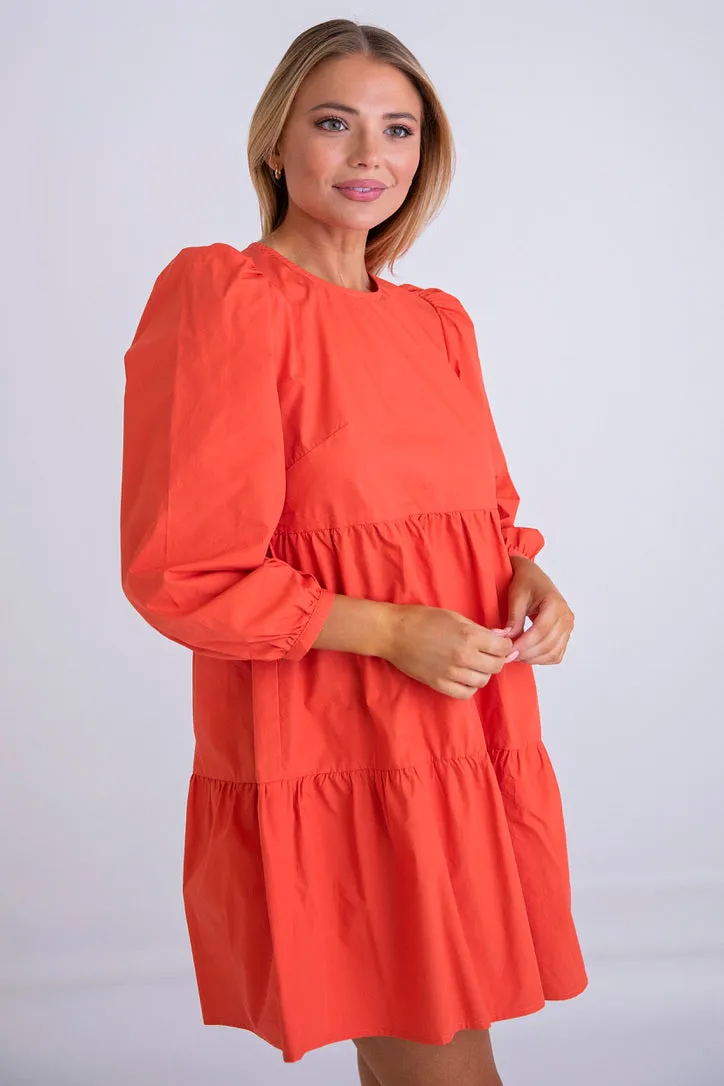 Coral Long Sleeve Poplin Dress