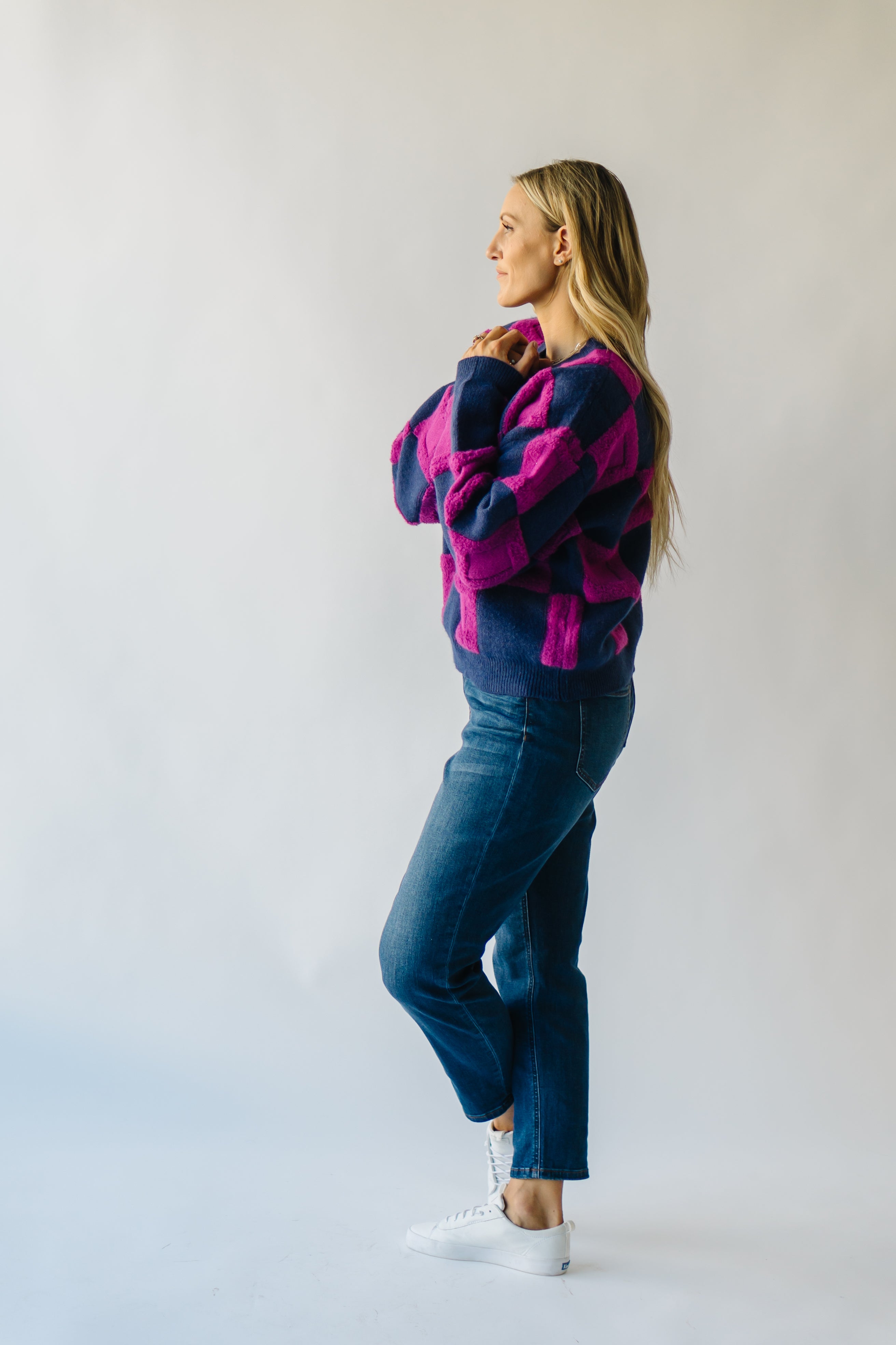 Cortland Checkered Sweater - Navy + Purple | Shop Now