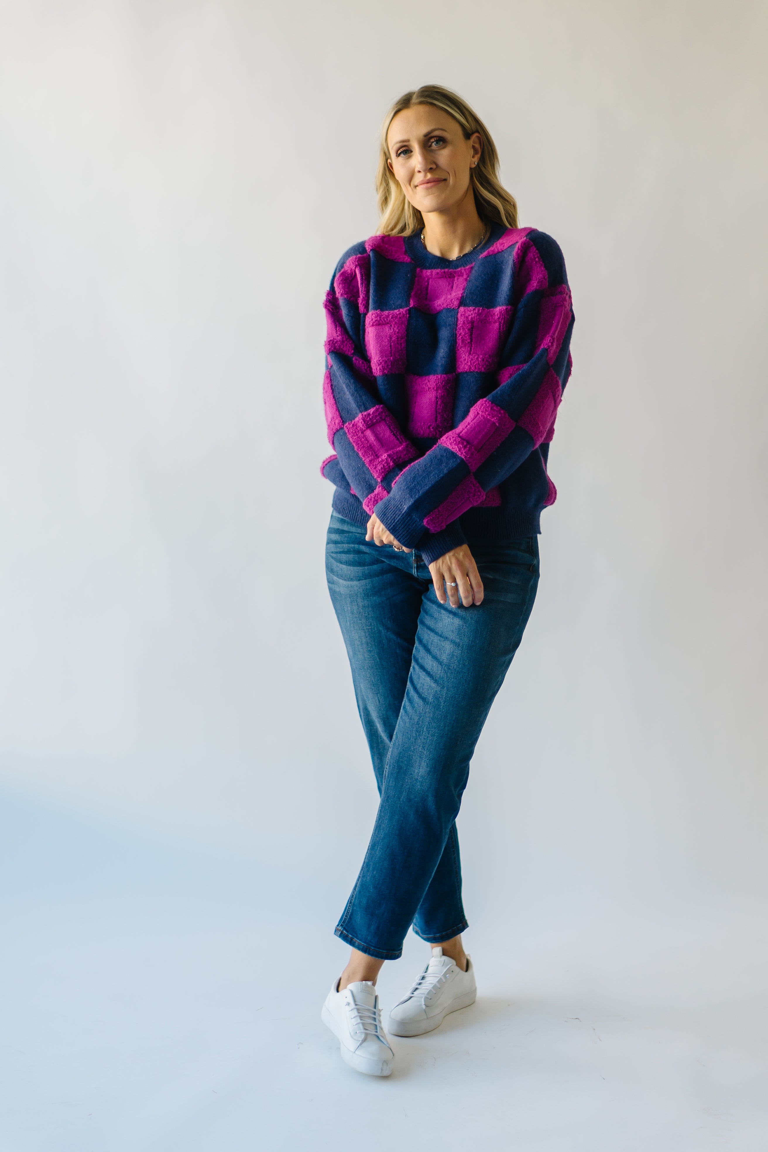 Cortland Checkered Sweater - Navy + Purple | Shop Now