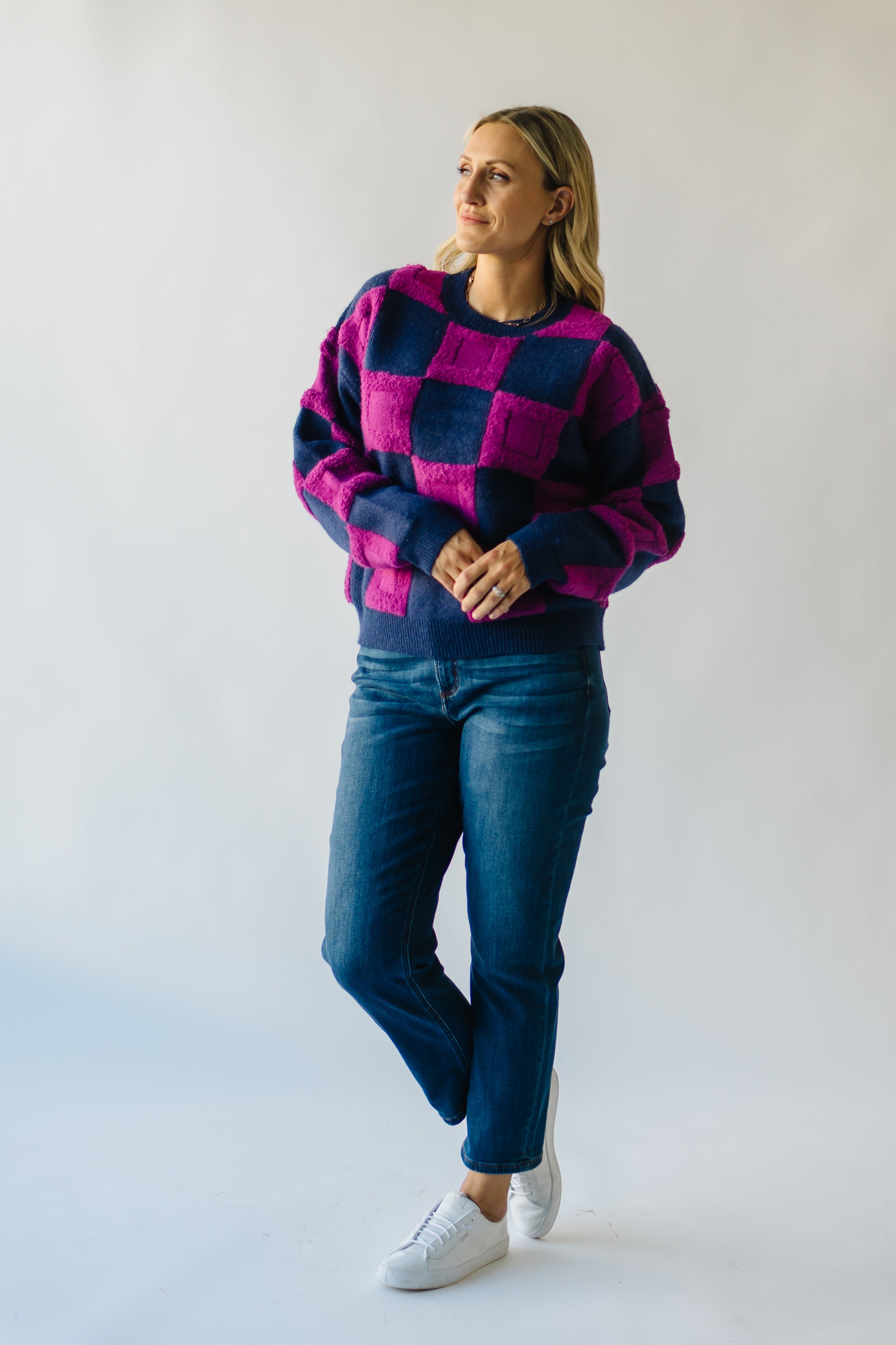 Cortland Checkered Sweater - Navy + Purple | Shop Now