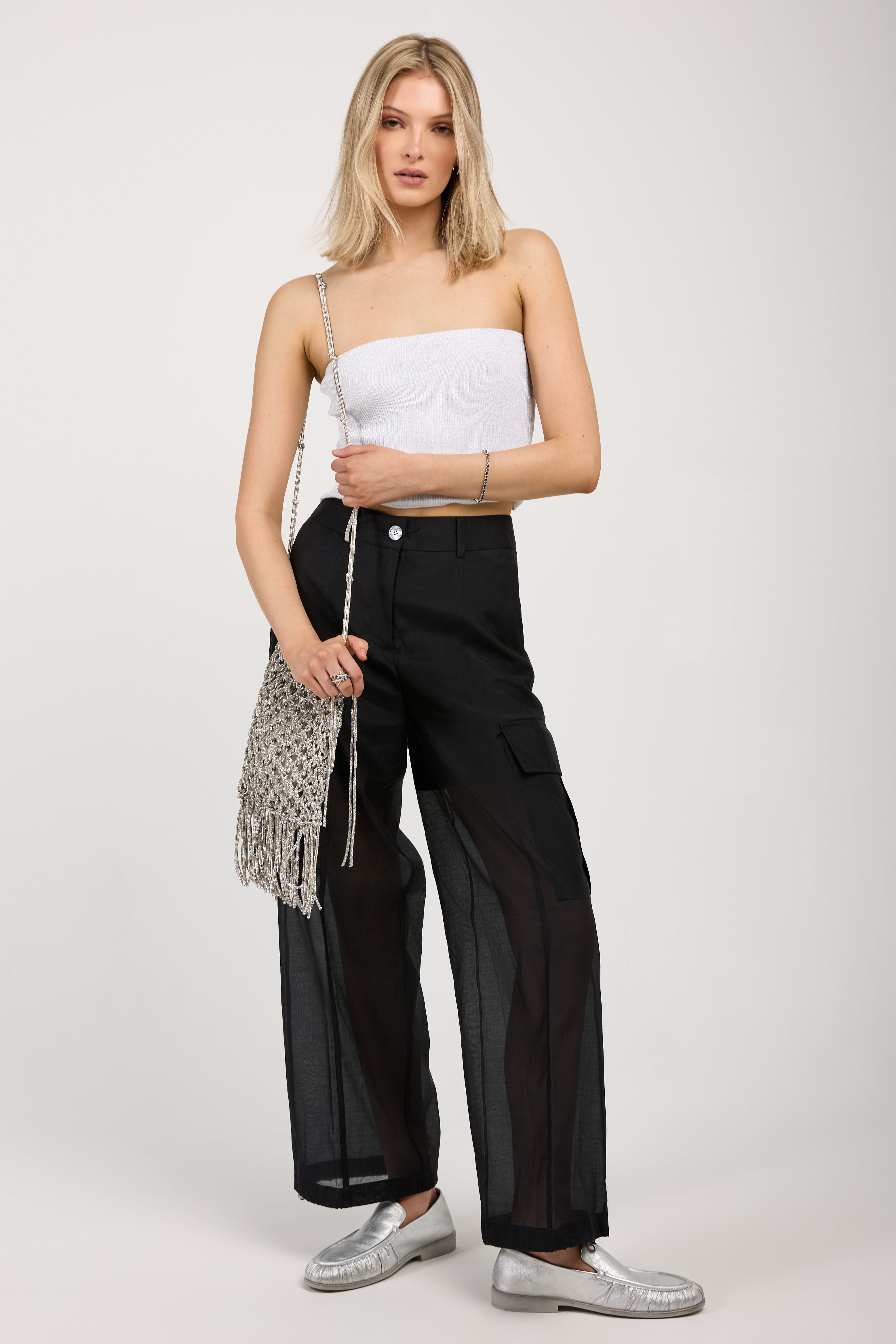 Cotton Silk Organza Black Cargo Pants