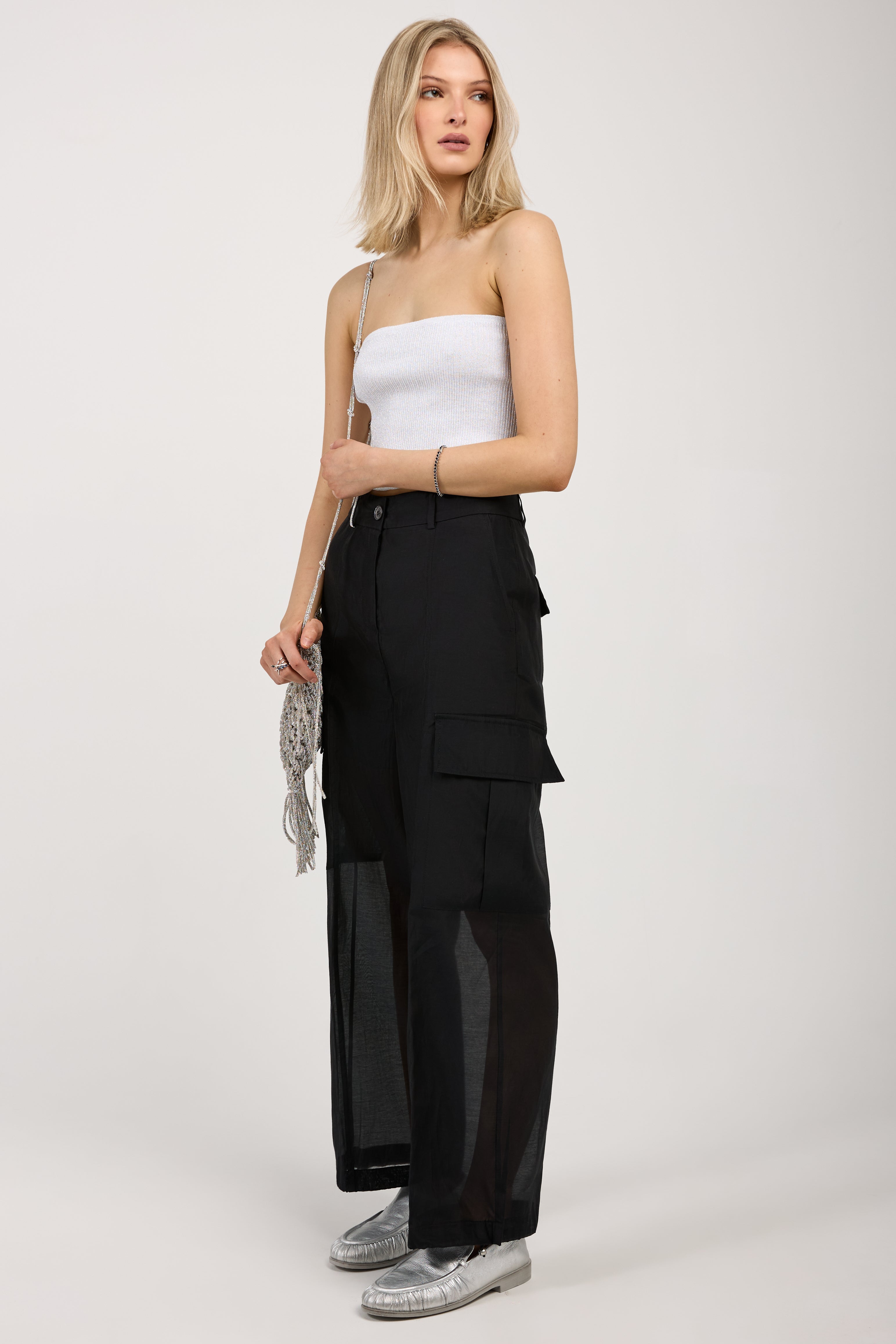 Cotton Silk Organza Black Cargo Pants