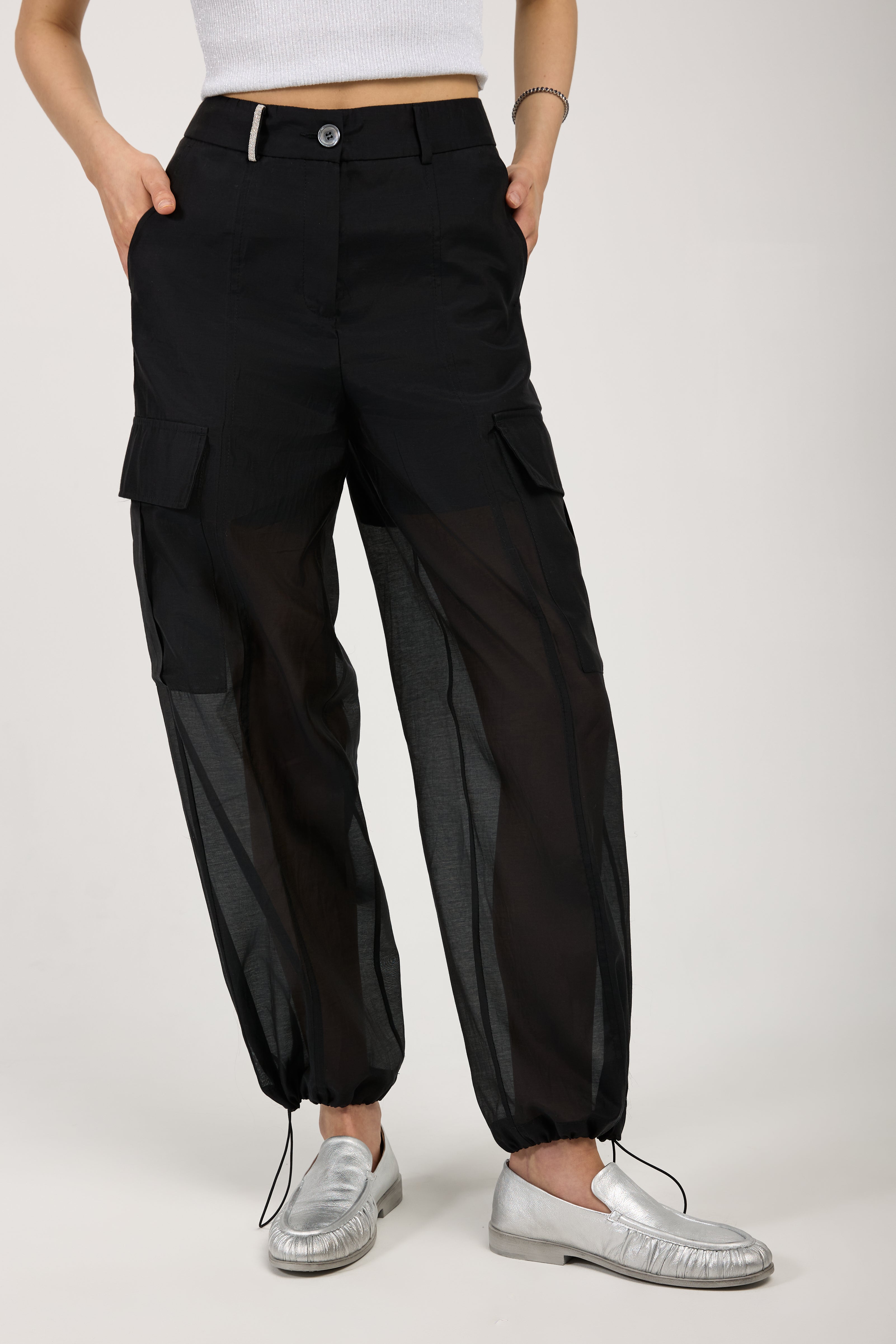 Cotton Silk Organza Black Cargo Pants