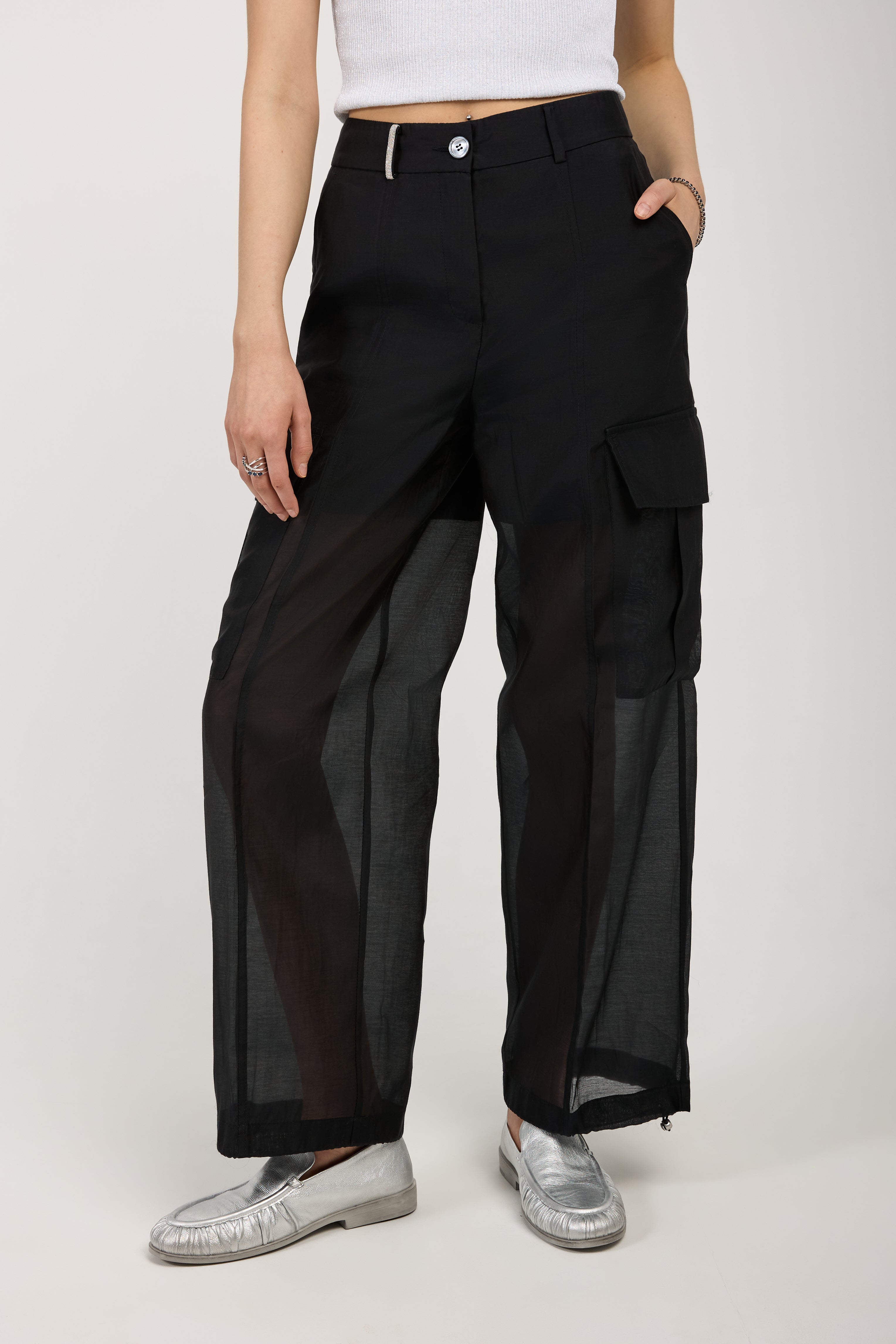 Cotton Silk Organza Black Cargo Pants