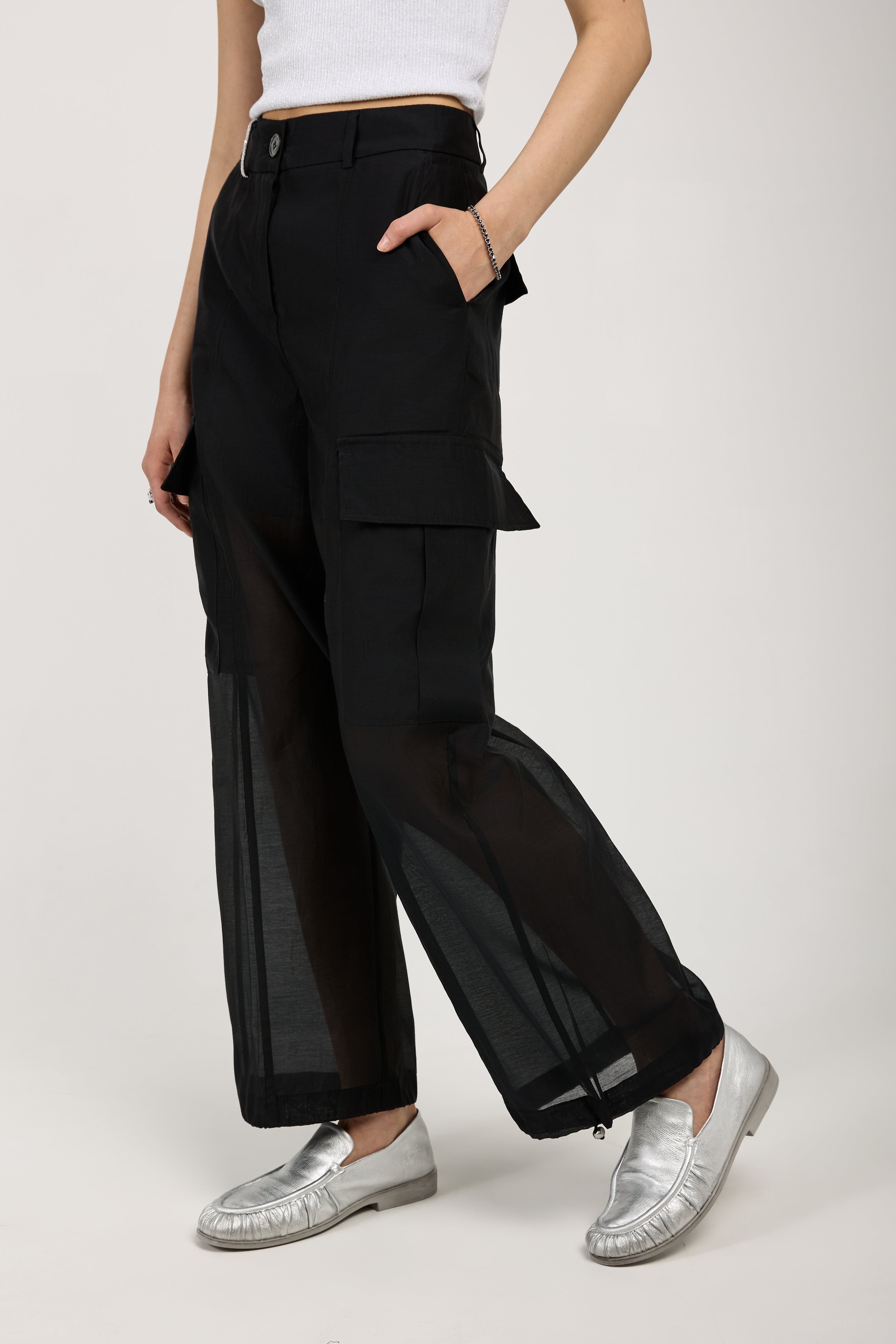 Cotton Silk Organza Black Cargo Pants