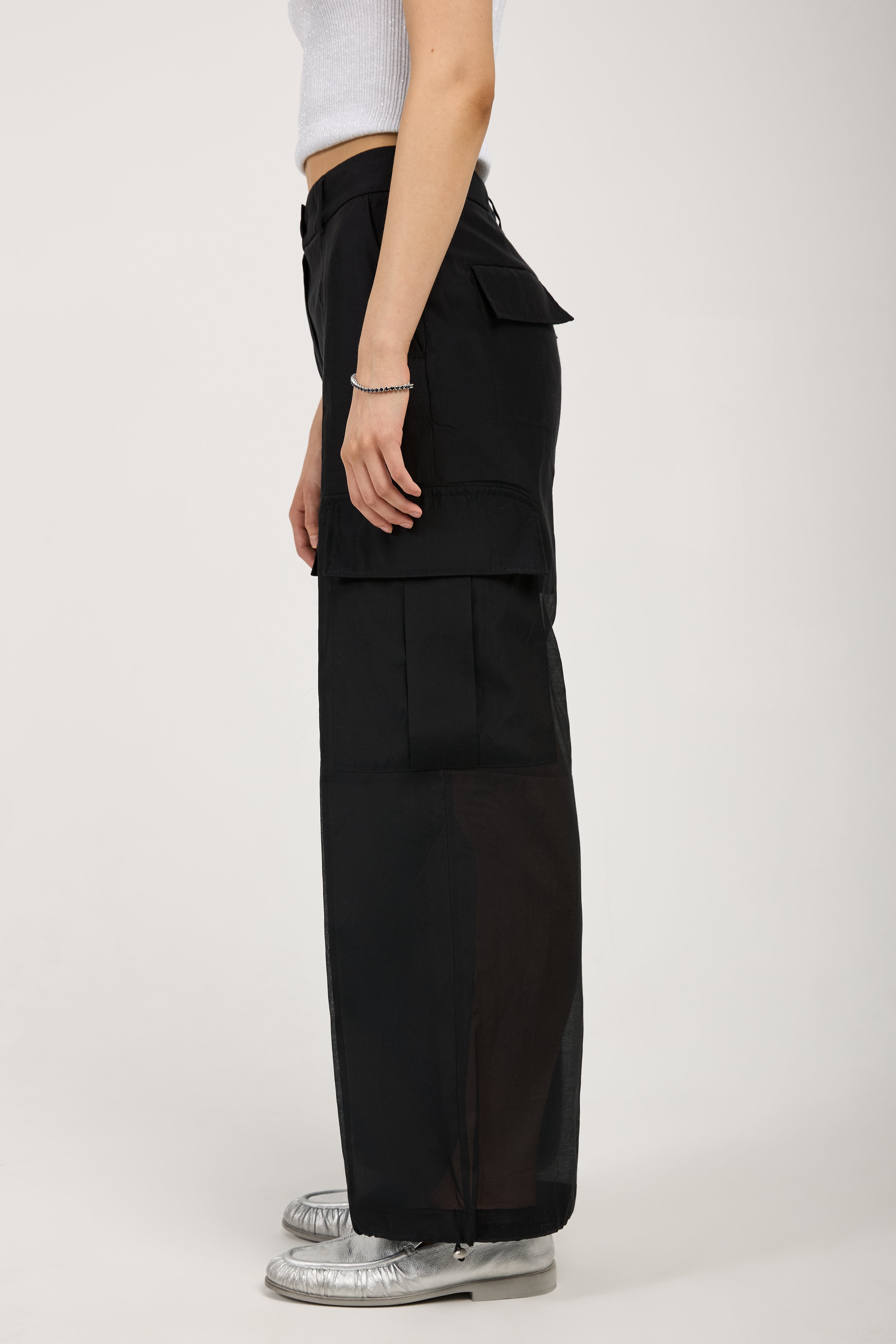 Cotton Silk Organza Black Cargo Pants