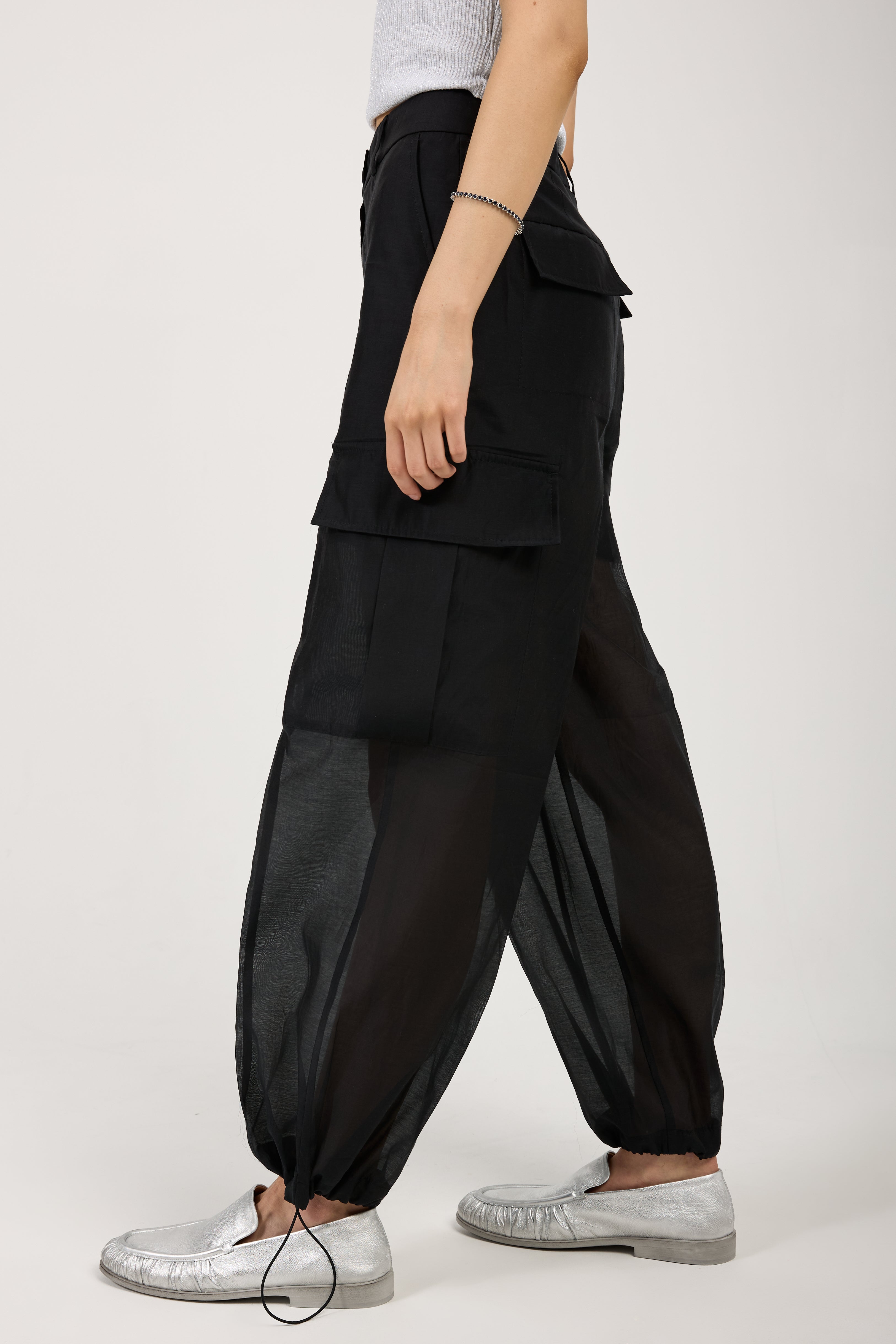 Cotton Silk Organza Black Cargo Pants