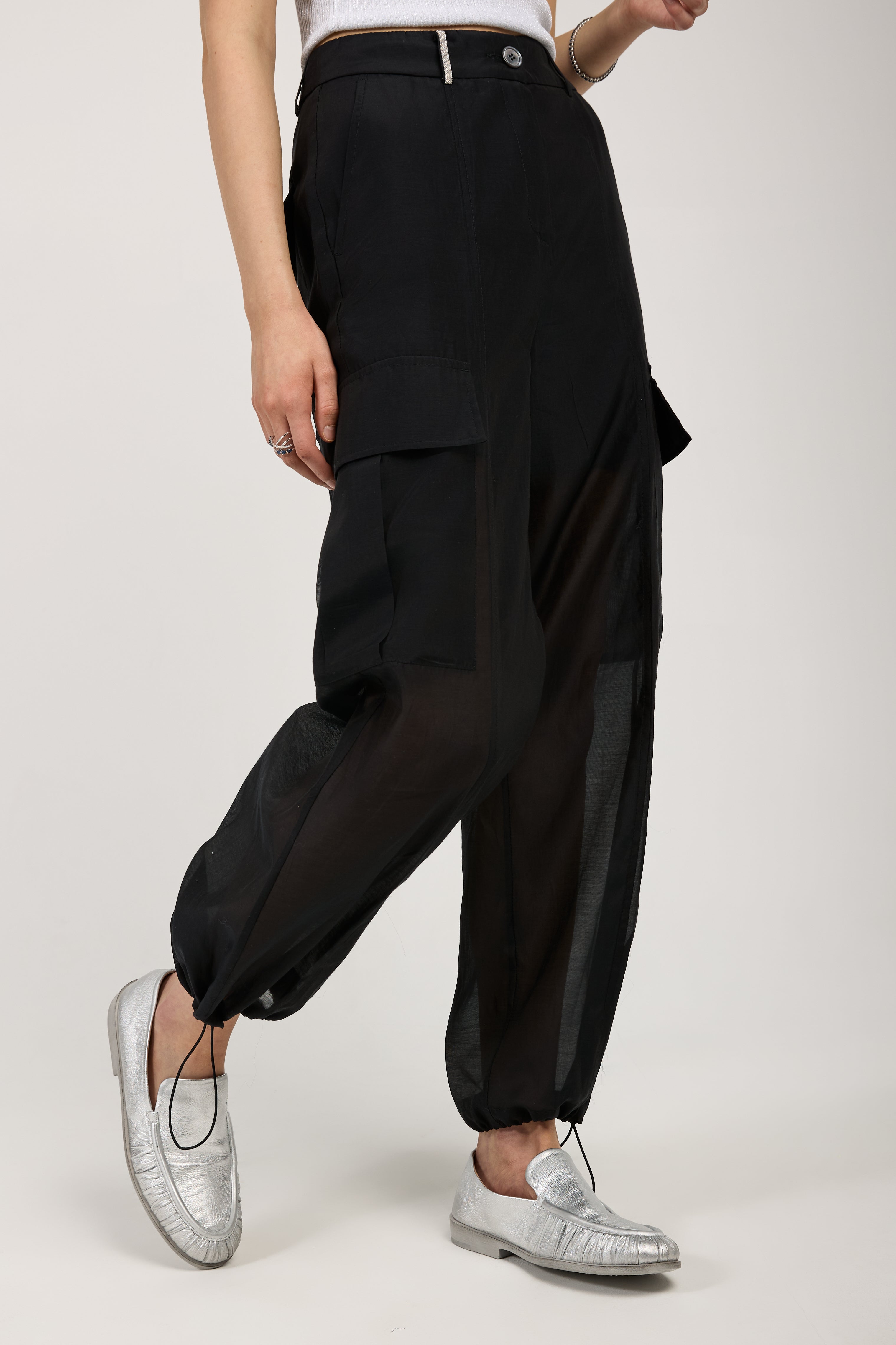 Cotton Silk Organza Black Cargo Pants