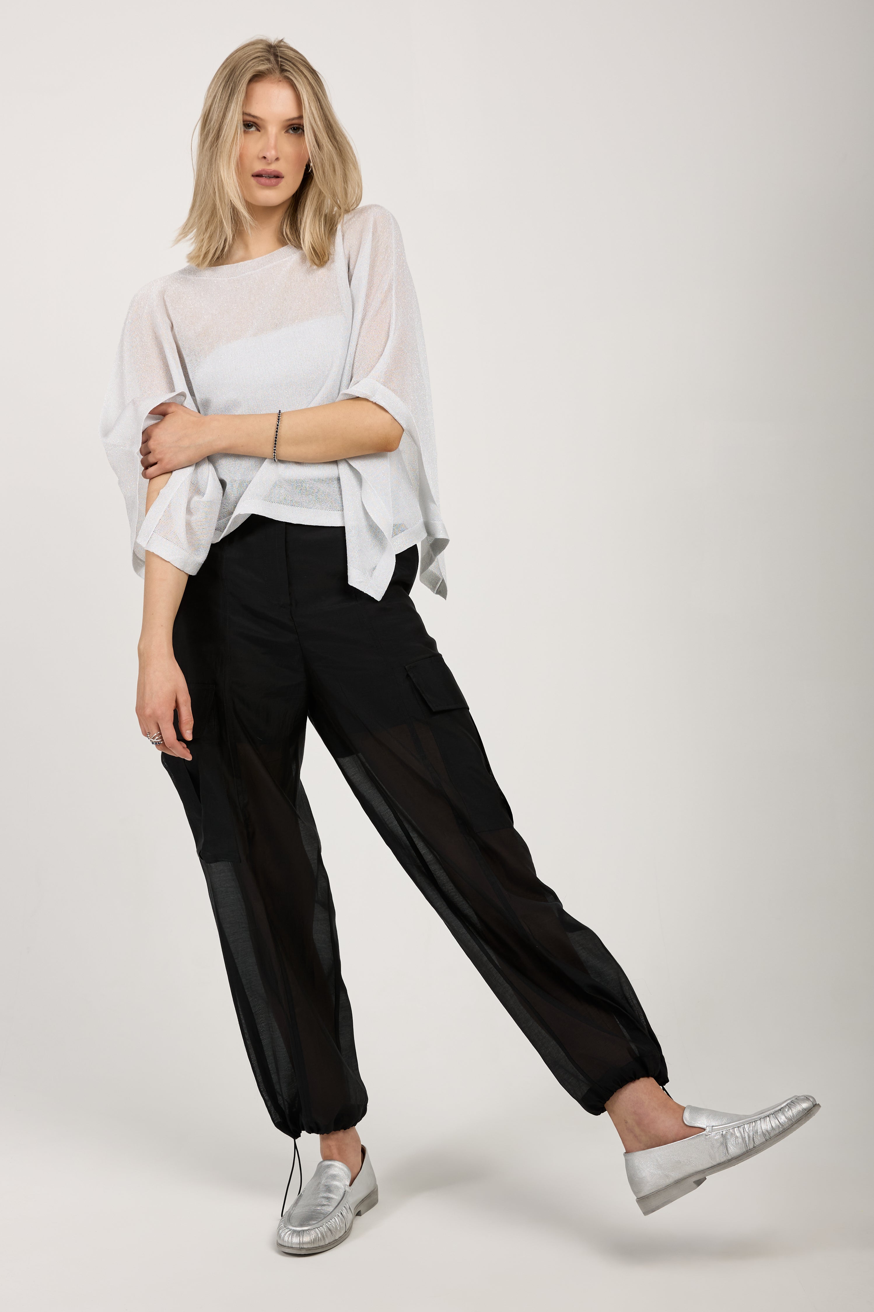 Cotton Silk Organza Black Cargo Pants