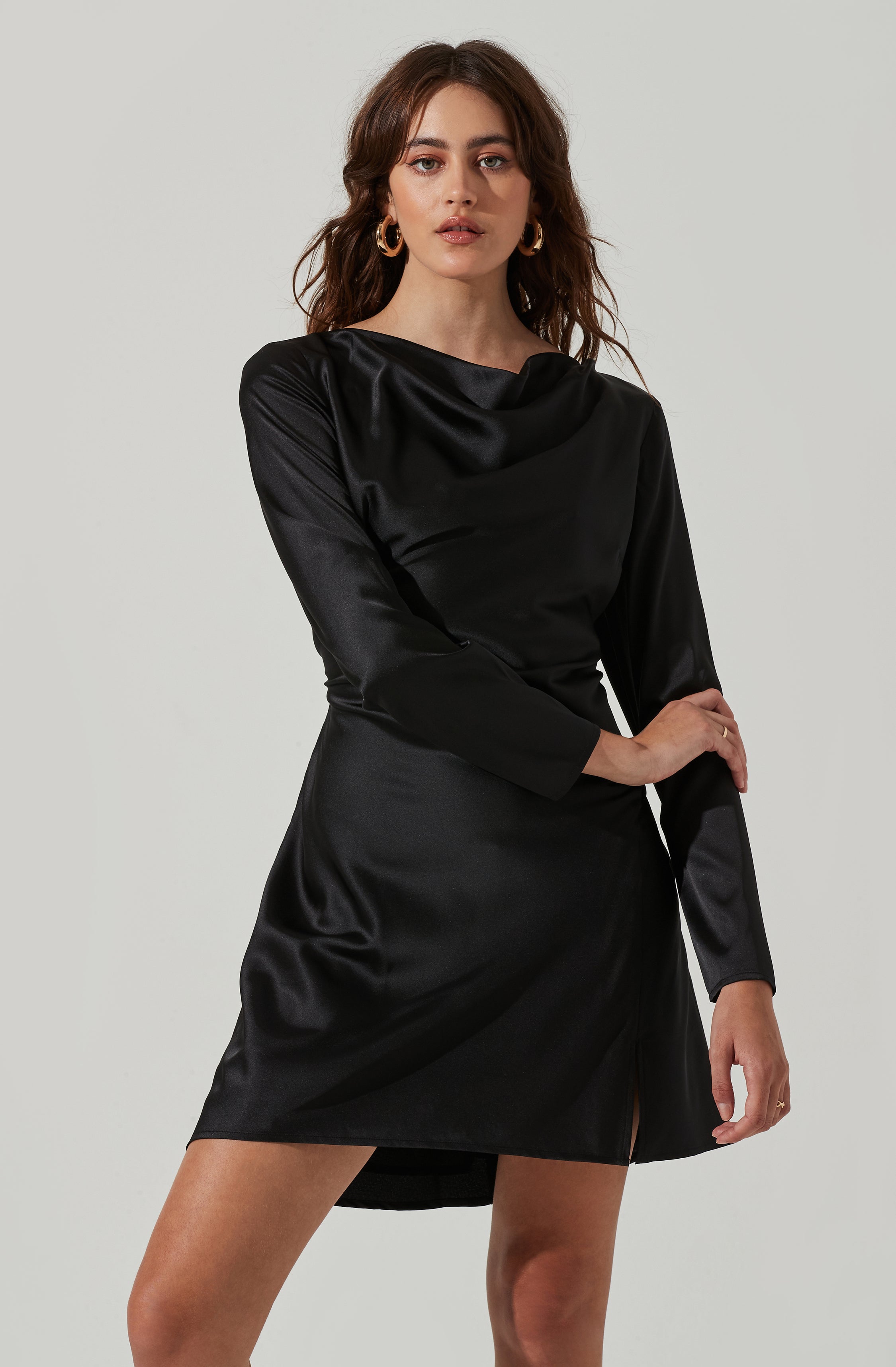 Cowl Neck Mini Dress with Long Sleeves