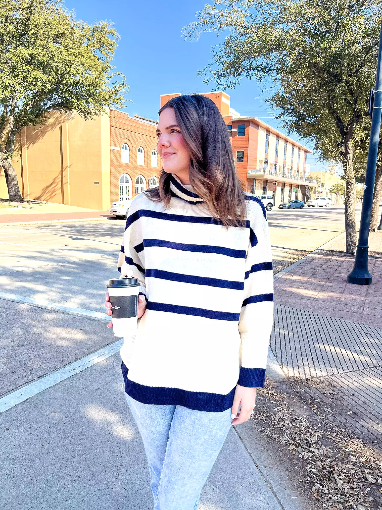 Cream and Navy Striped Turtleneck Sweater